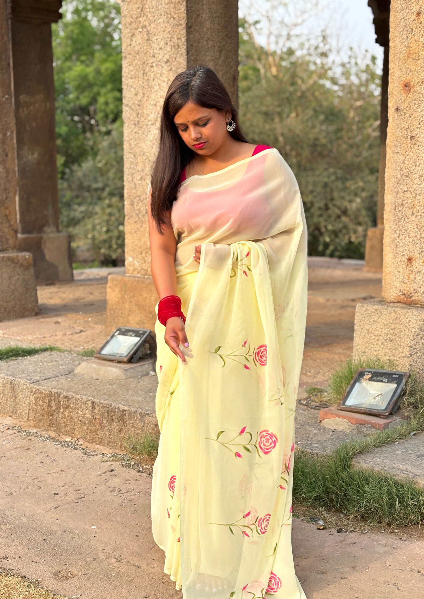 Malook Cream yellow saree with Pink Hand-Painted florals