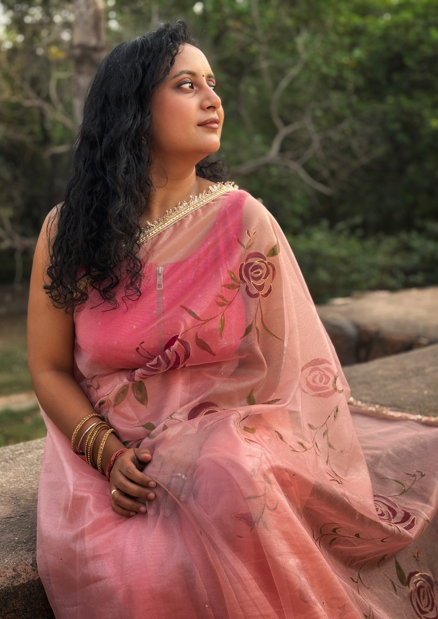 Malook Peach Shining Nylon net Hand-Painted saree with Red Rose Motifs