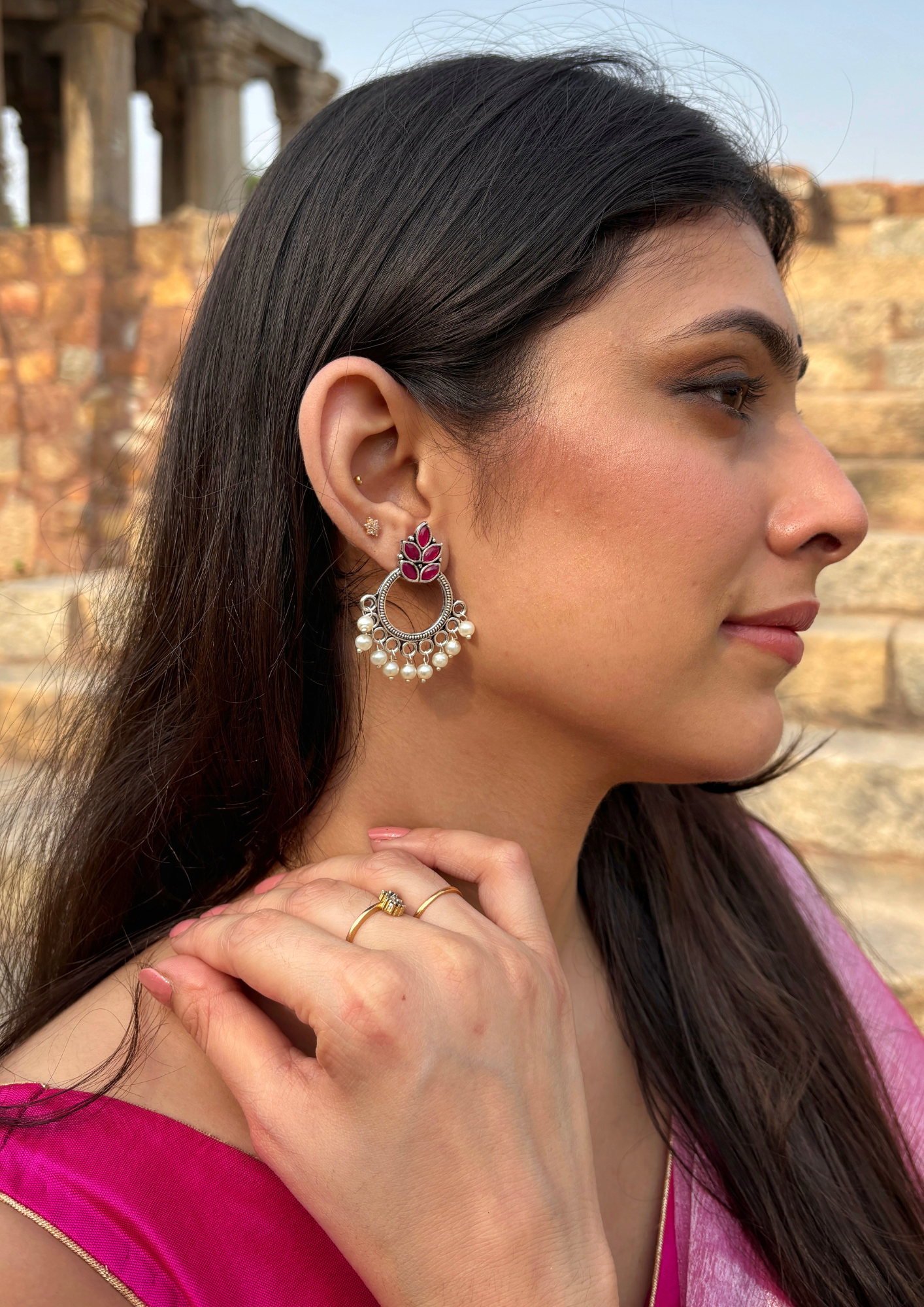 Malook Pink Oxidised Pearl Earring