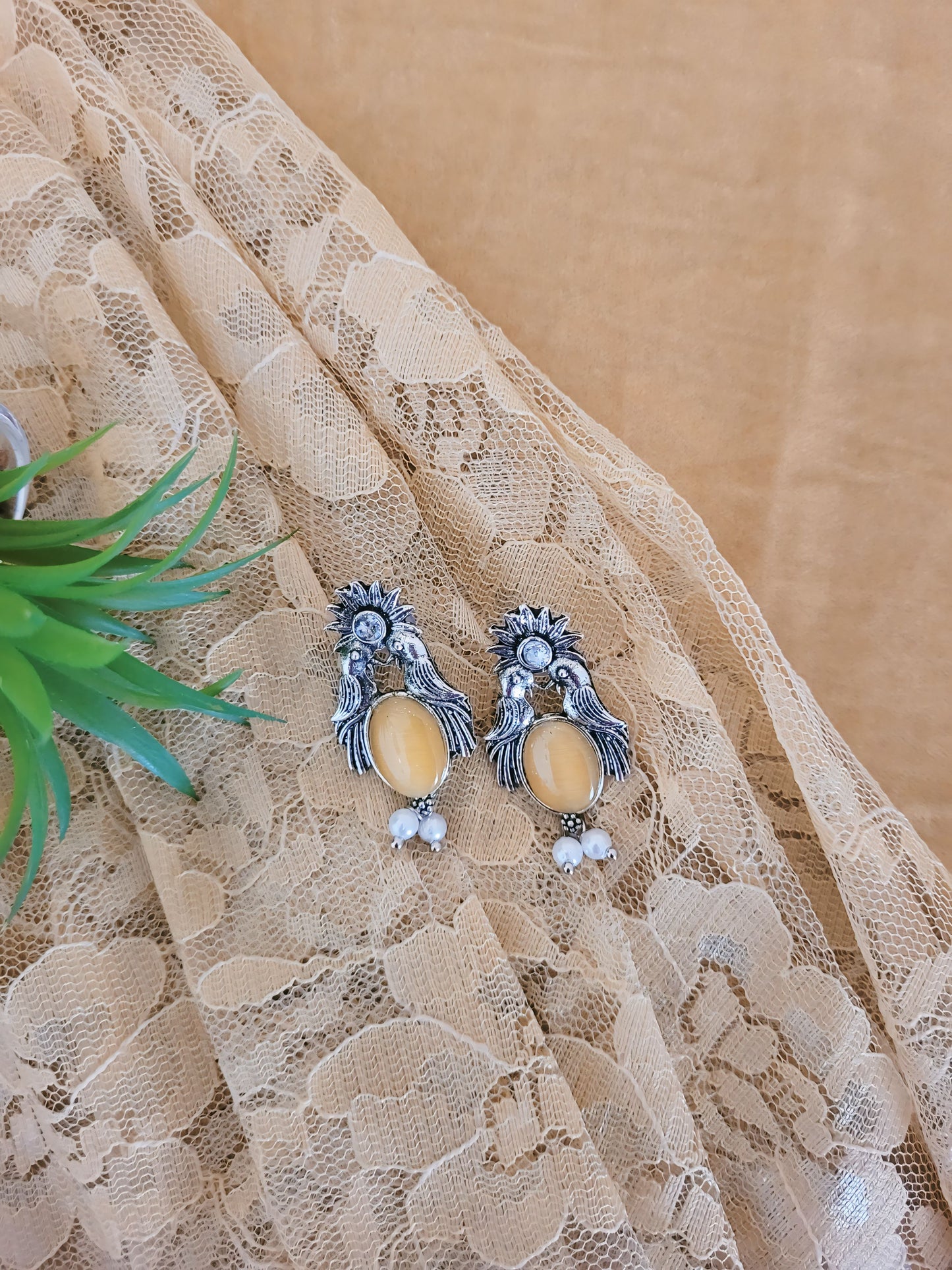 Malook Yellow Bird with Sun Design Earrings