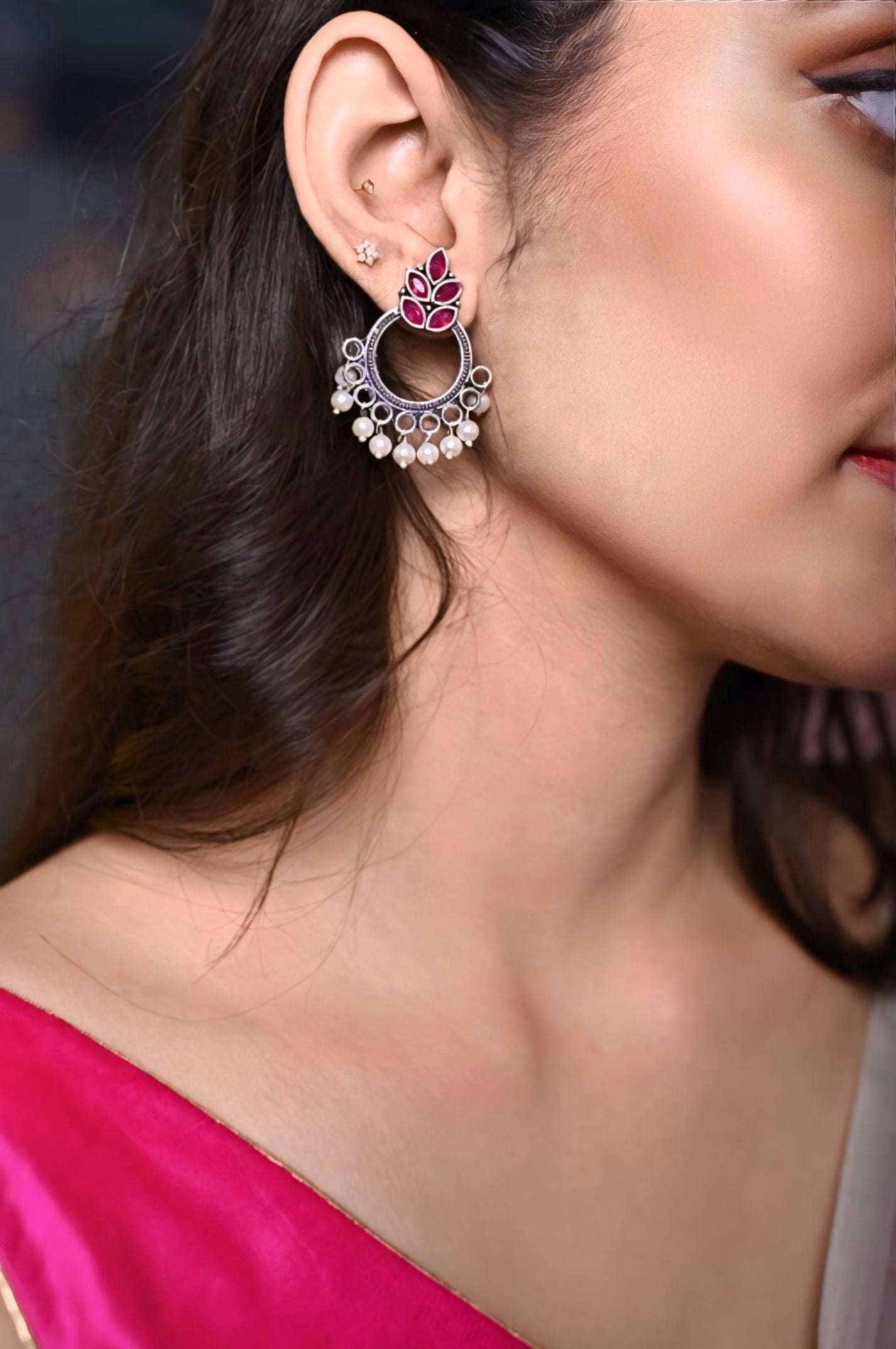 Malook Pink Oxidised Pearl Earring
