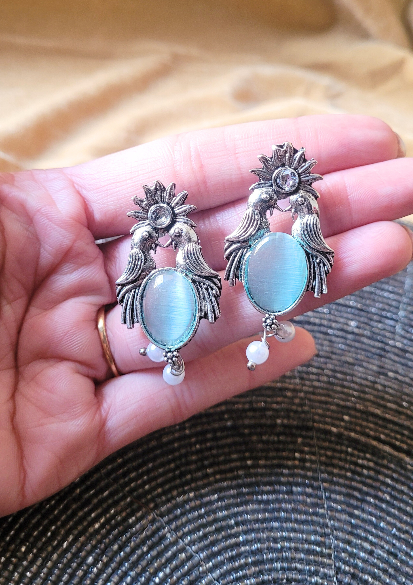 Malook Sky Blue Bird with Sun Design Earrings