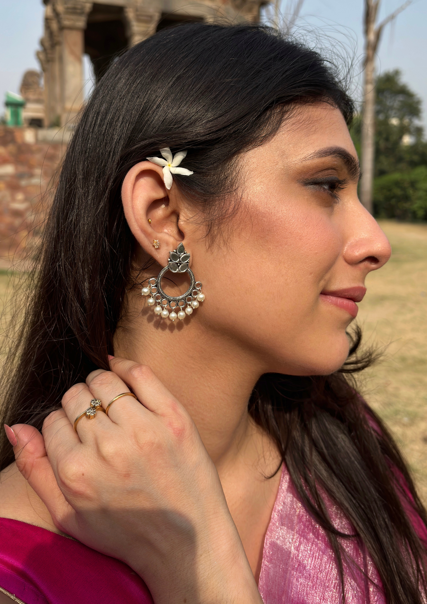 Malook Mirror work oxidised pearl earring