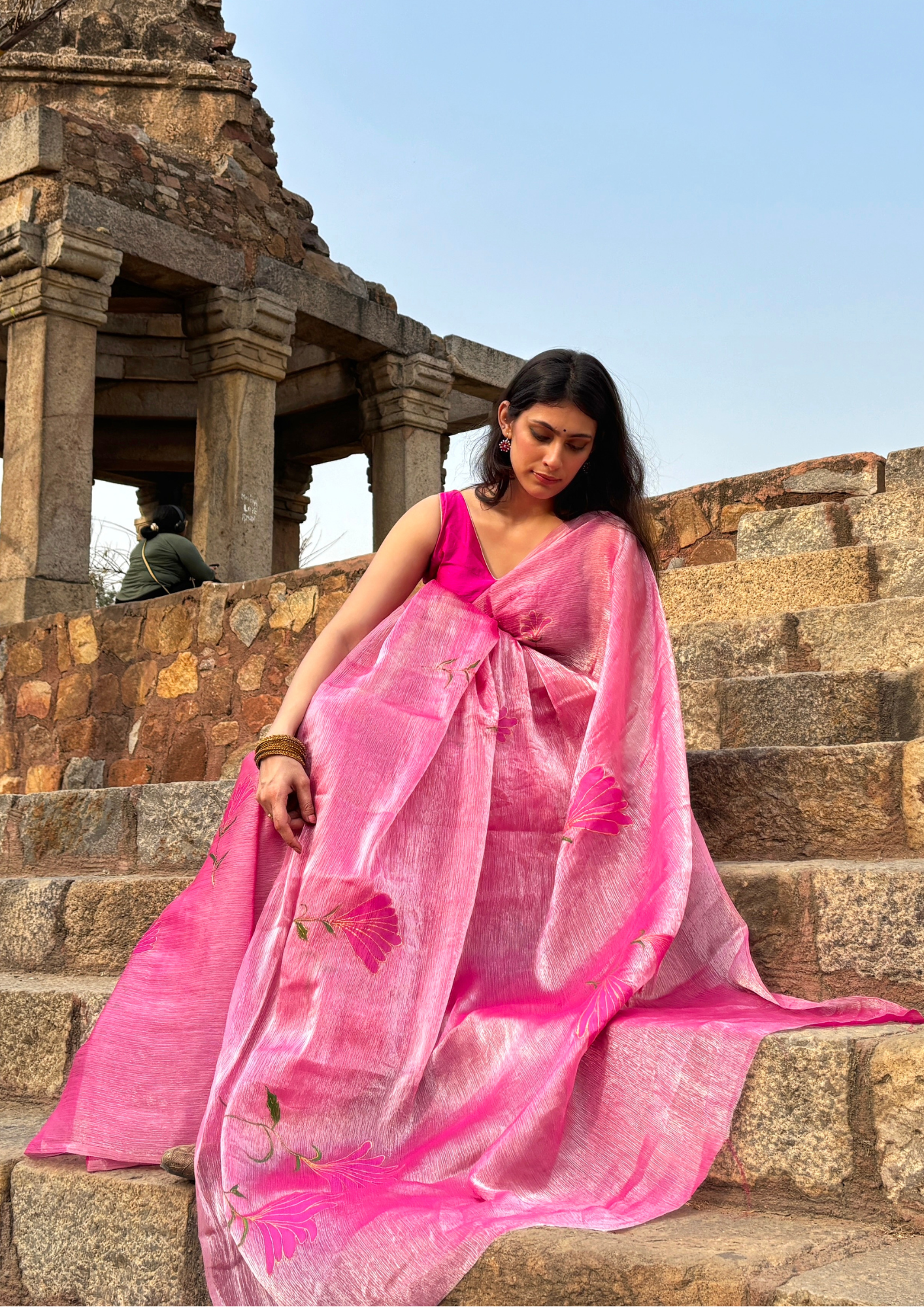 Malook Pink Shiny Crepe Hand-painted Saree