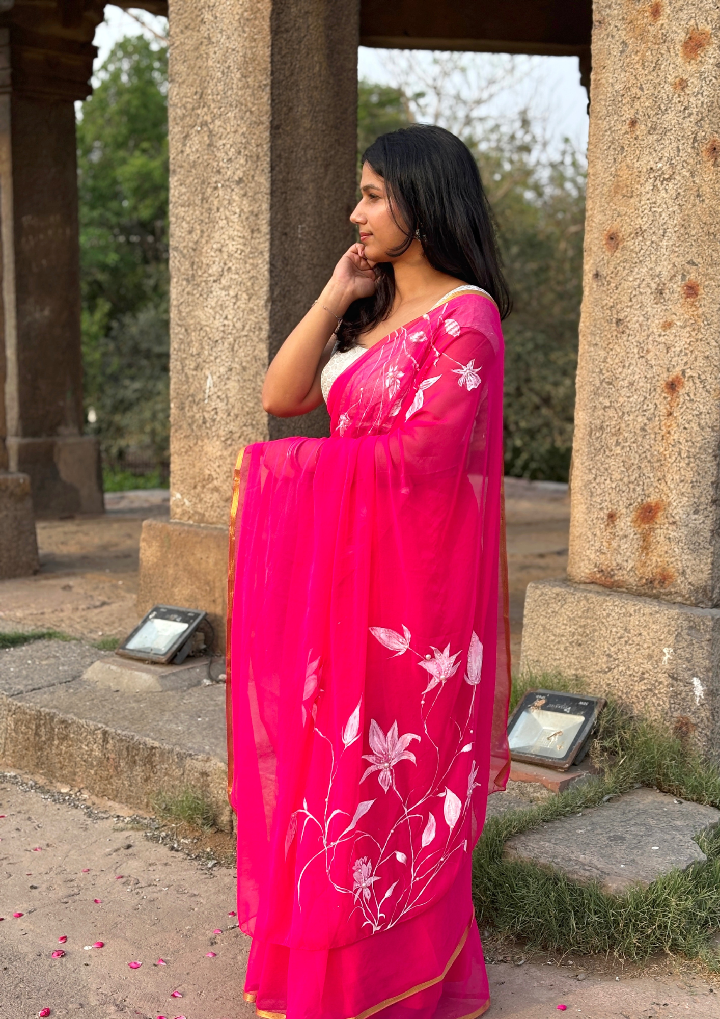 Malook Magenta Chiffon saree with Hand-Painted white florals