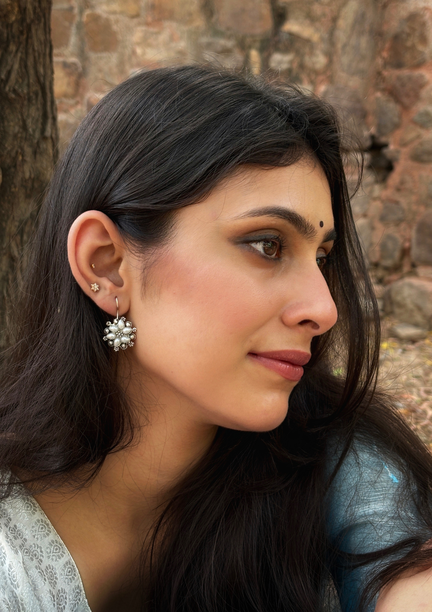Malook White Pearl Floral Earring