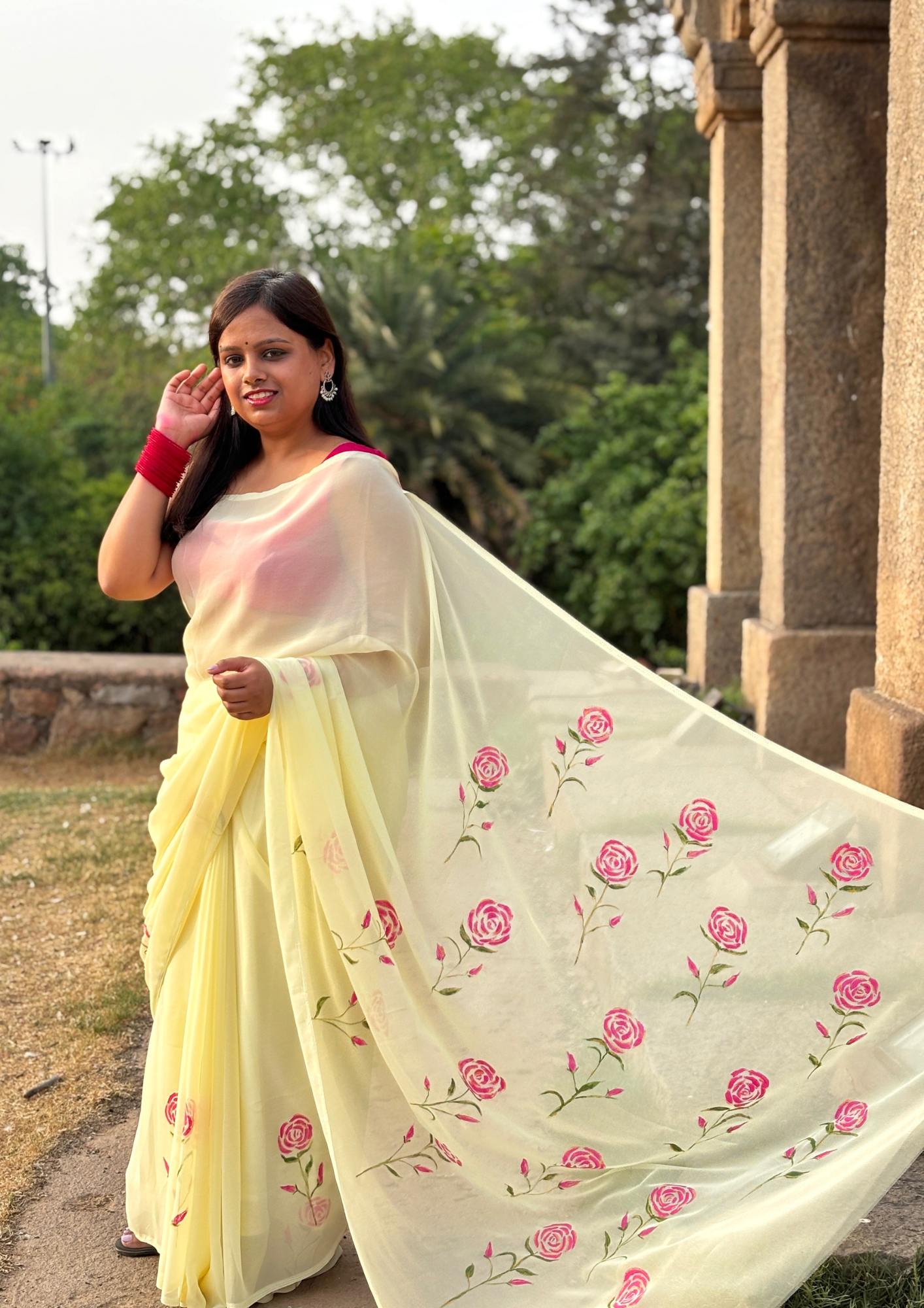 Malook Cream yellow saree with Pink Hand-Painted florals