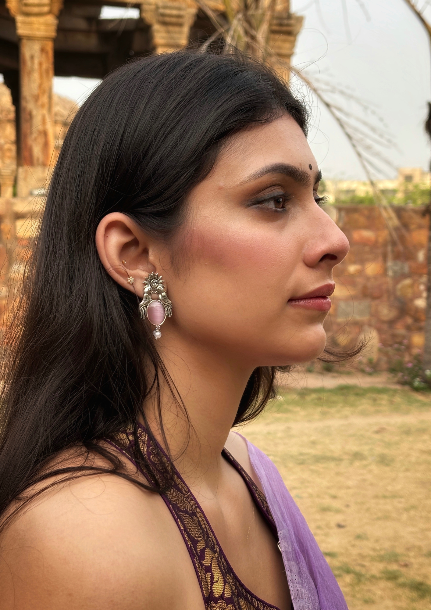 Malook Pink Bird with Sun Design Earrings
