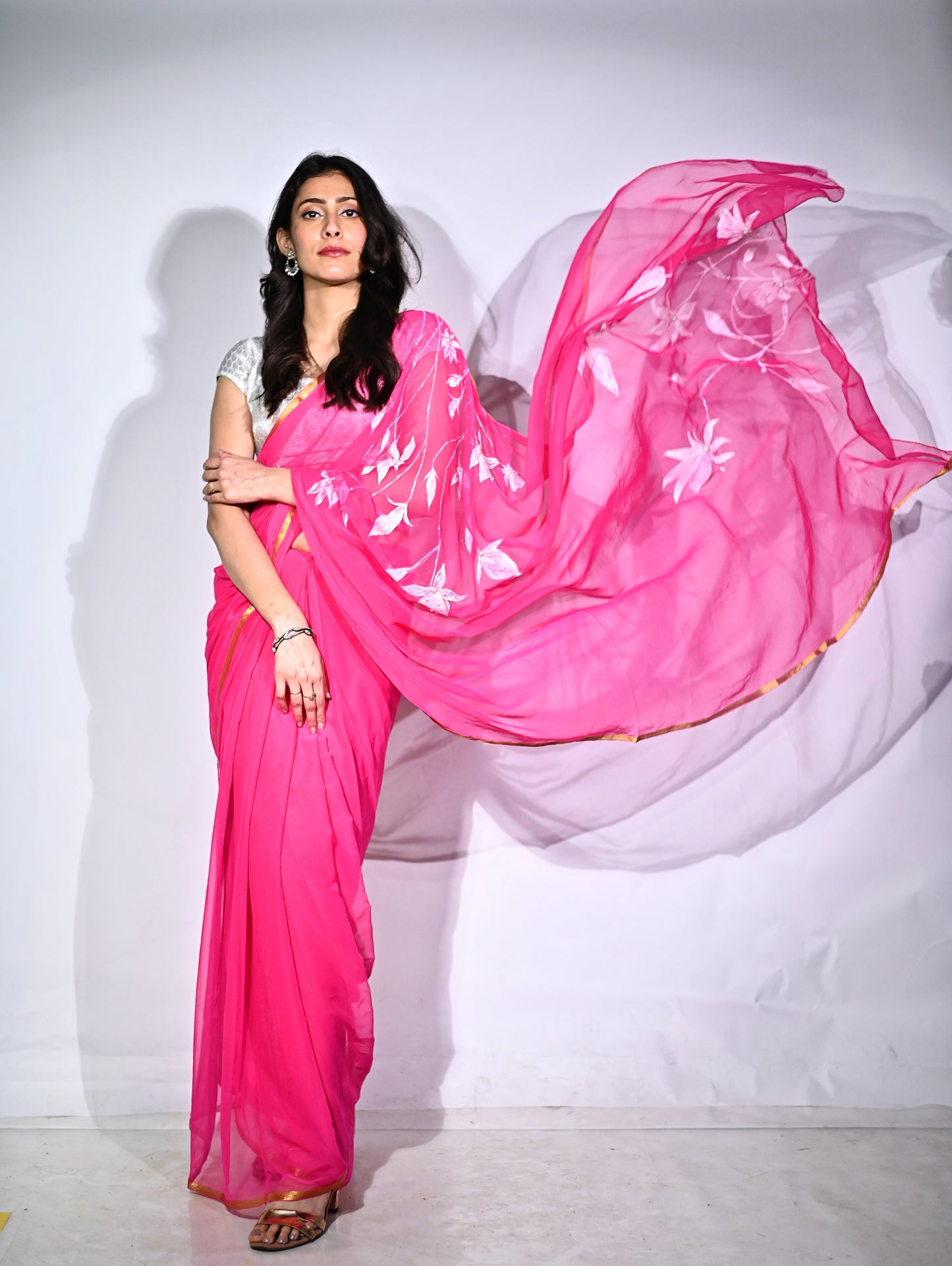 Malook Magenta Chiffon saree with Hand-Painted white florals
