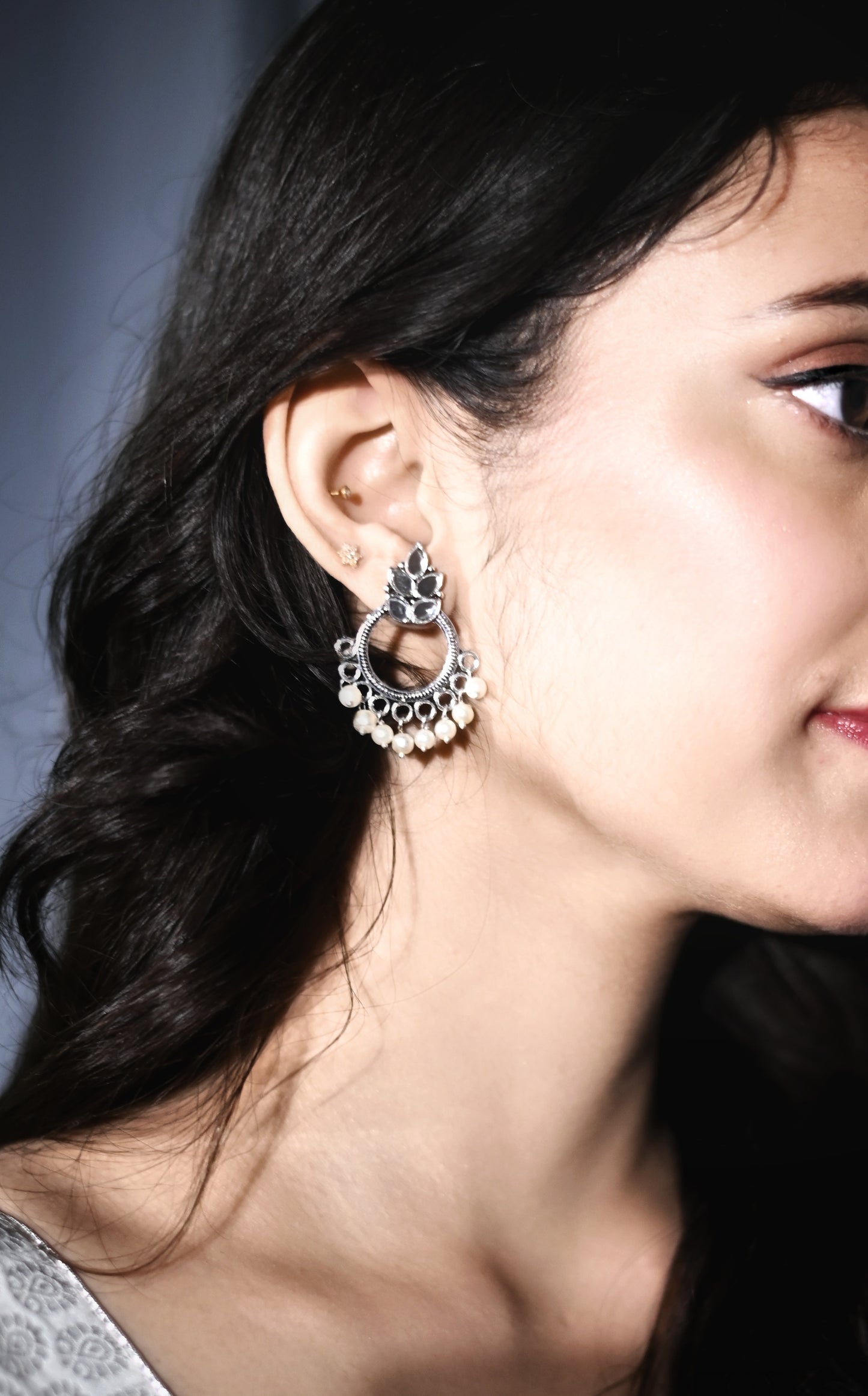 Malook Mirror work oxidised pearl earring