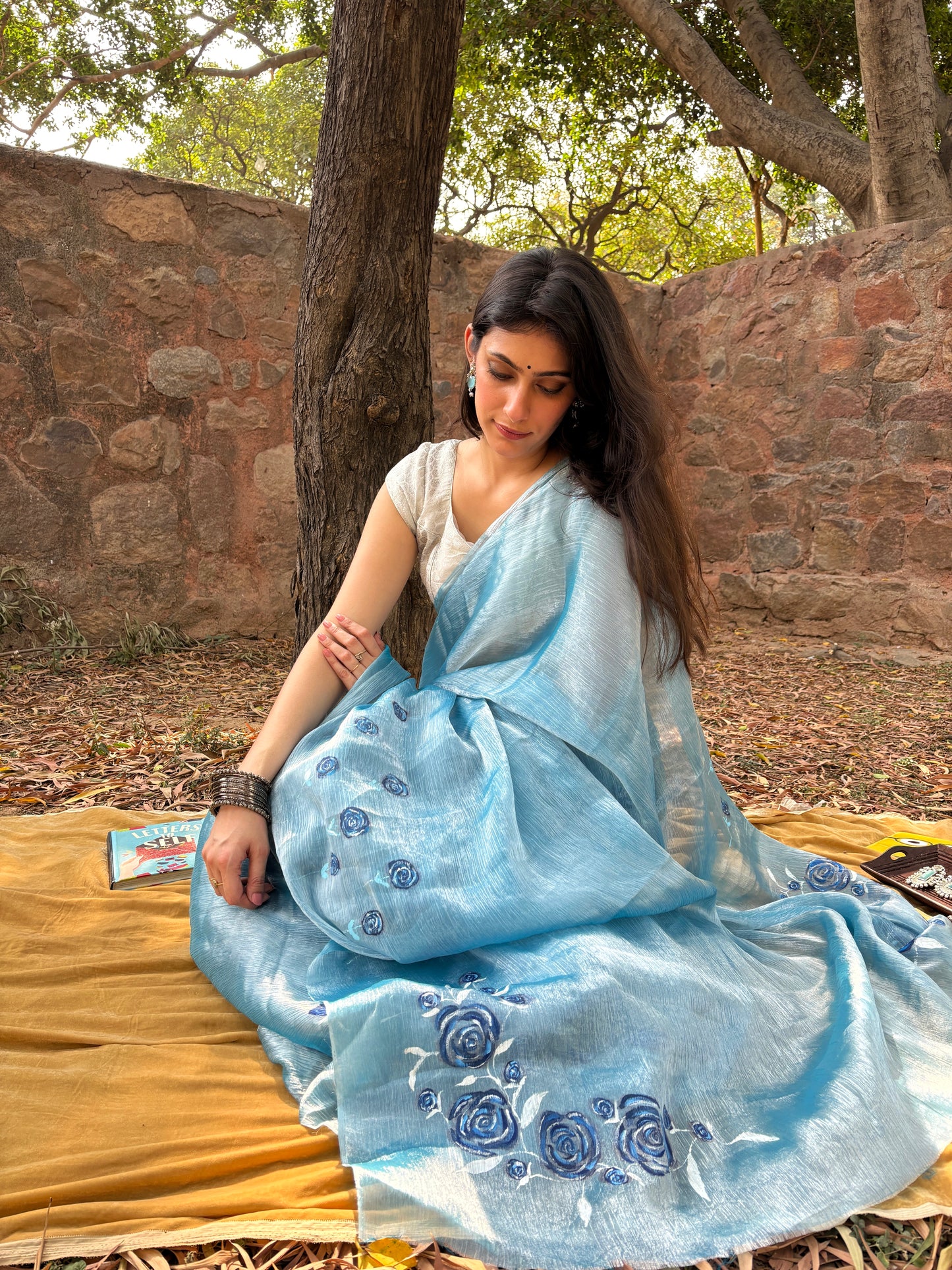 Malook Blue Shiny Crepe Hand-painted Saree