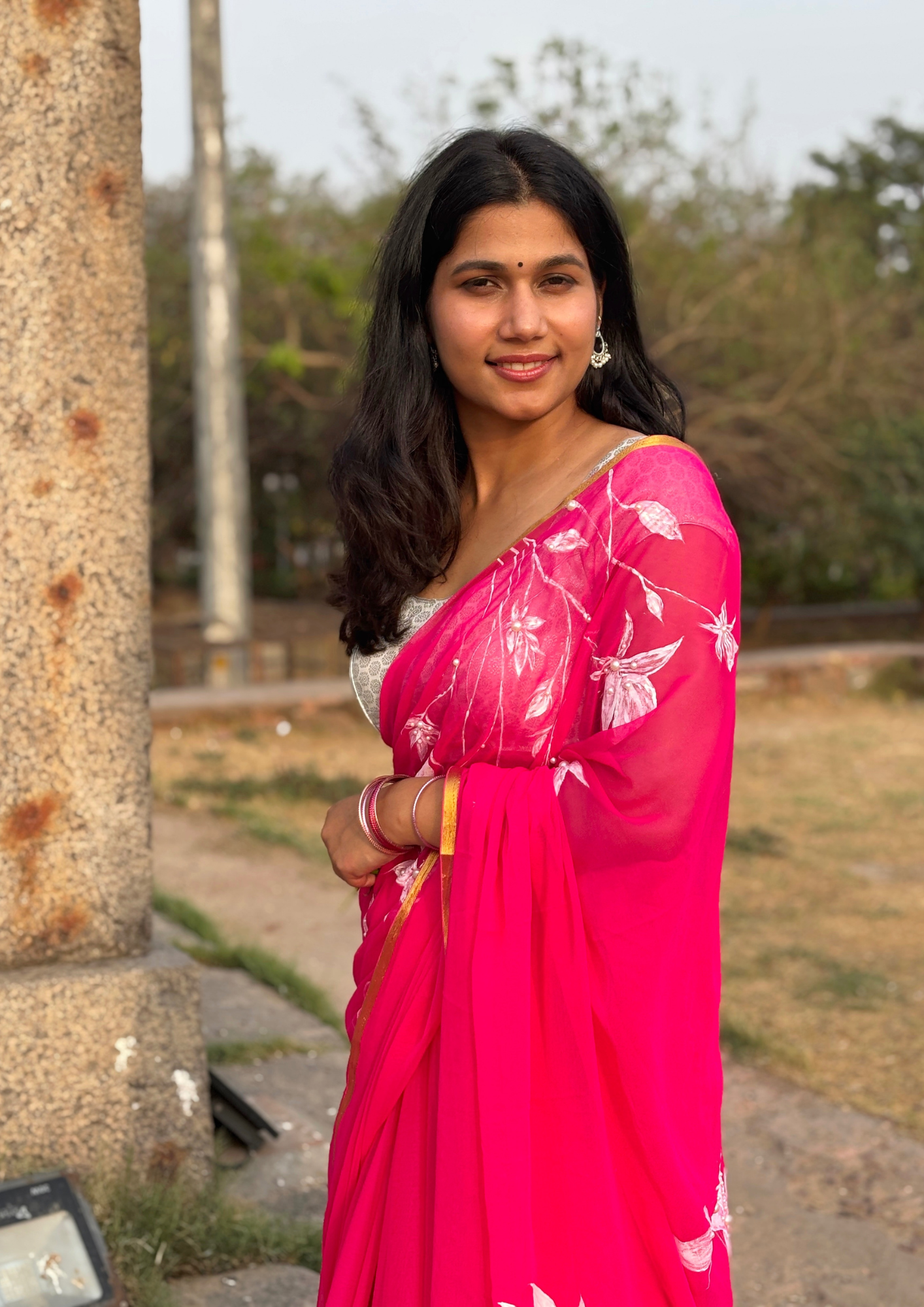 Malook Magenta Chiffon saree with Hand-Painted white florals