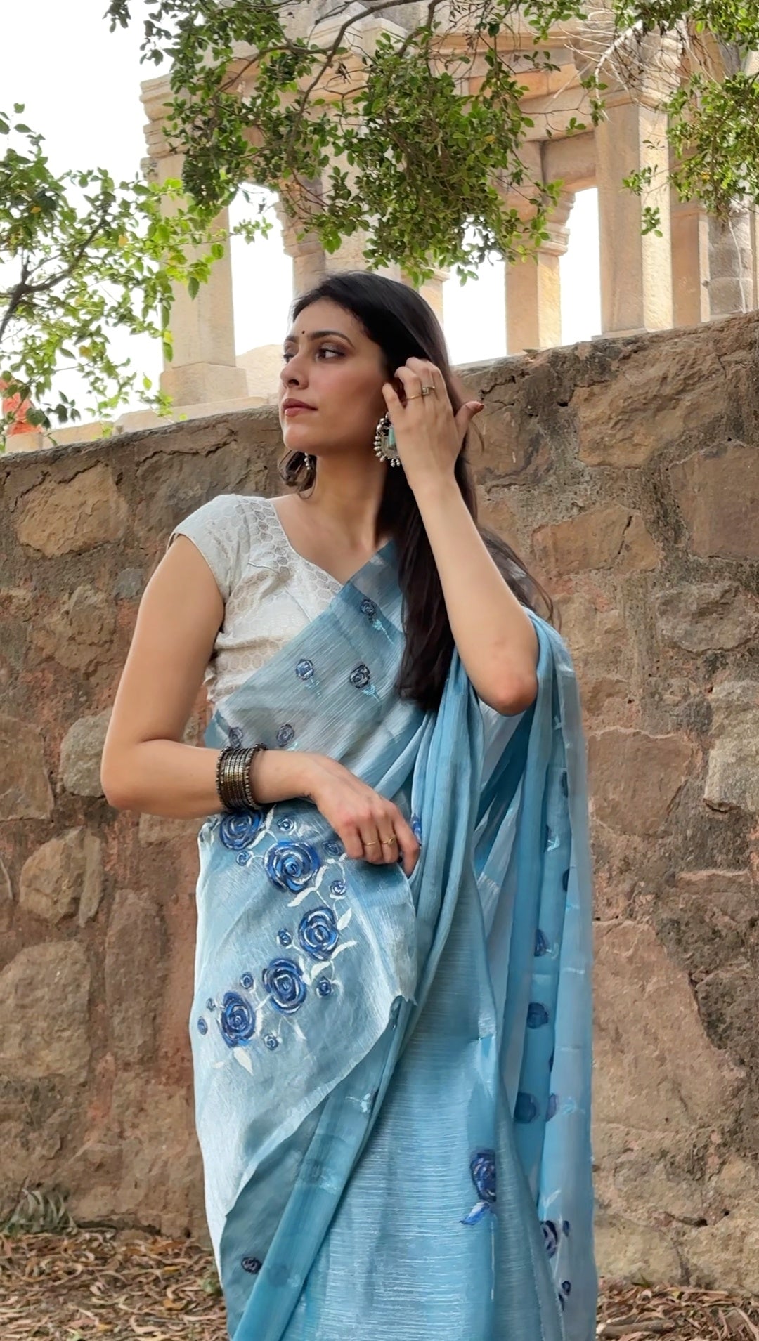 Malook Blue Shiny Crepe Hand-painted Saree