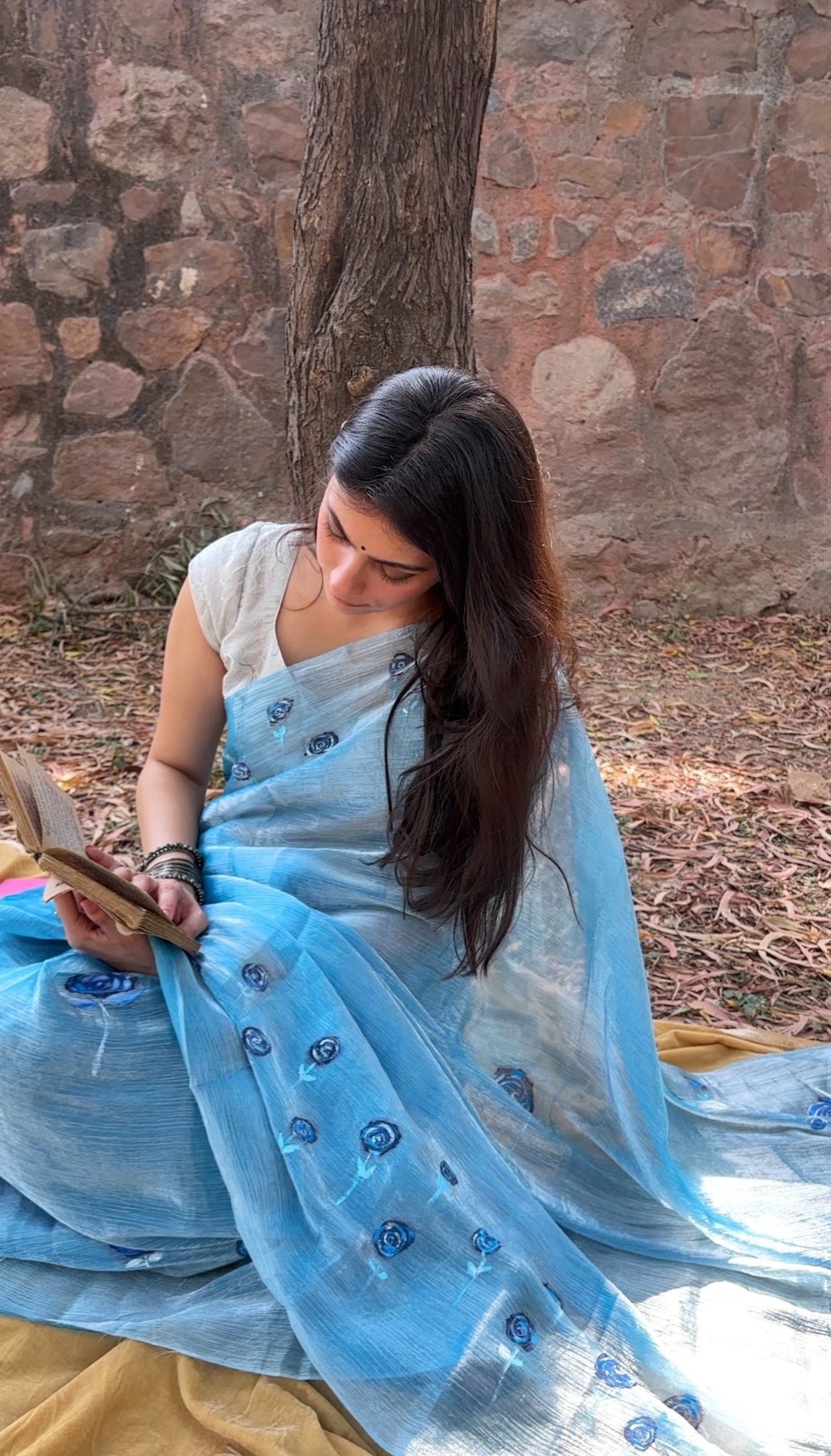 Malook Blue Shiny Crepe Hand-painted Saree