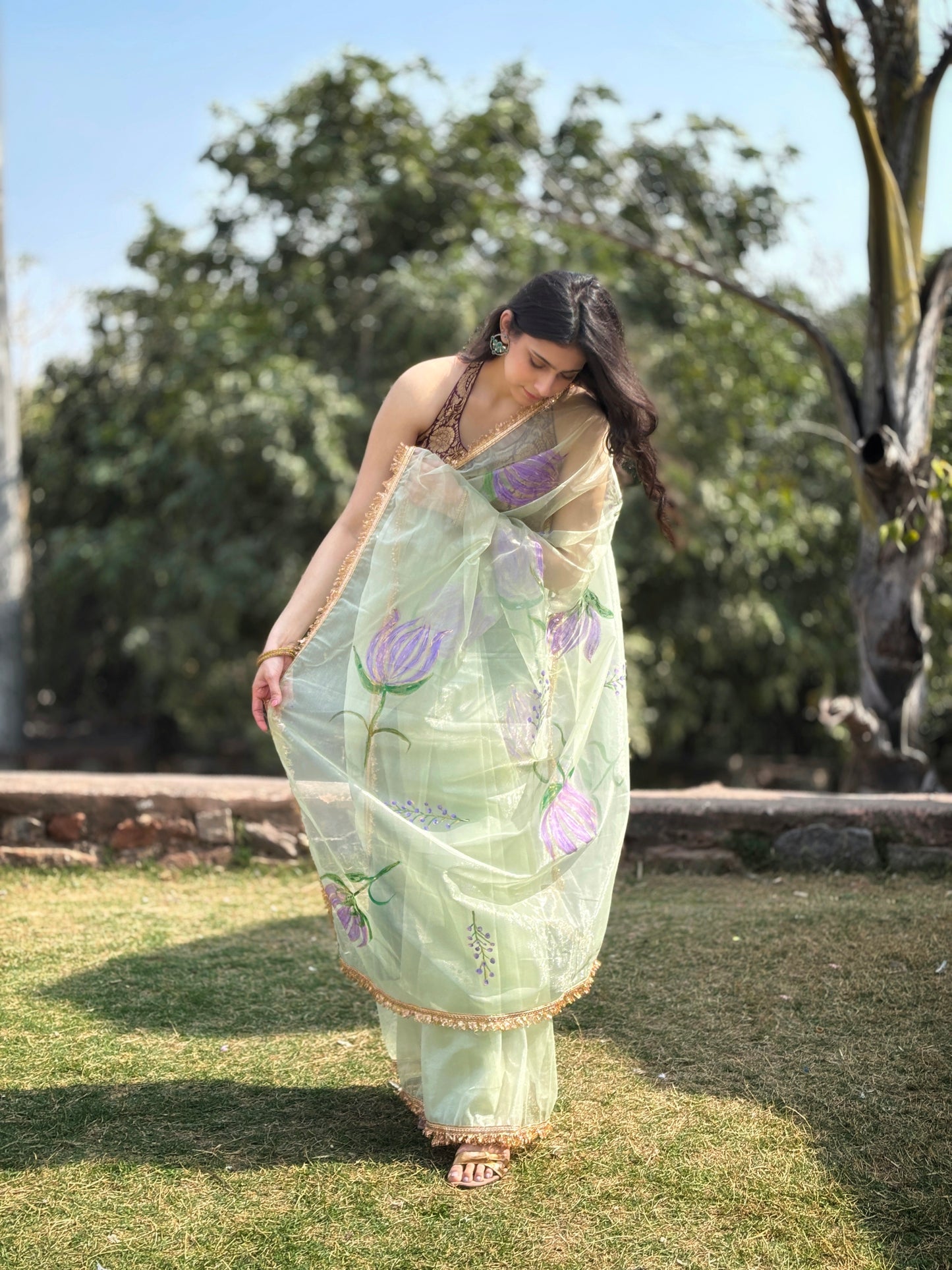 Malook Pista Green Shining Nylon net Hand-painted saree