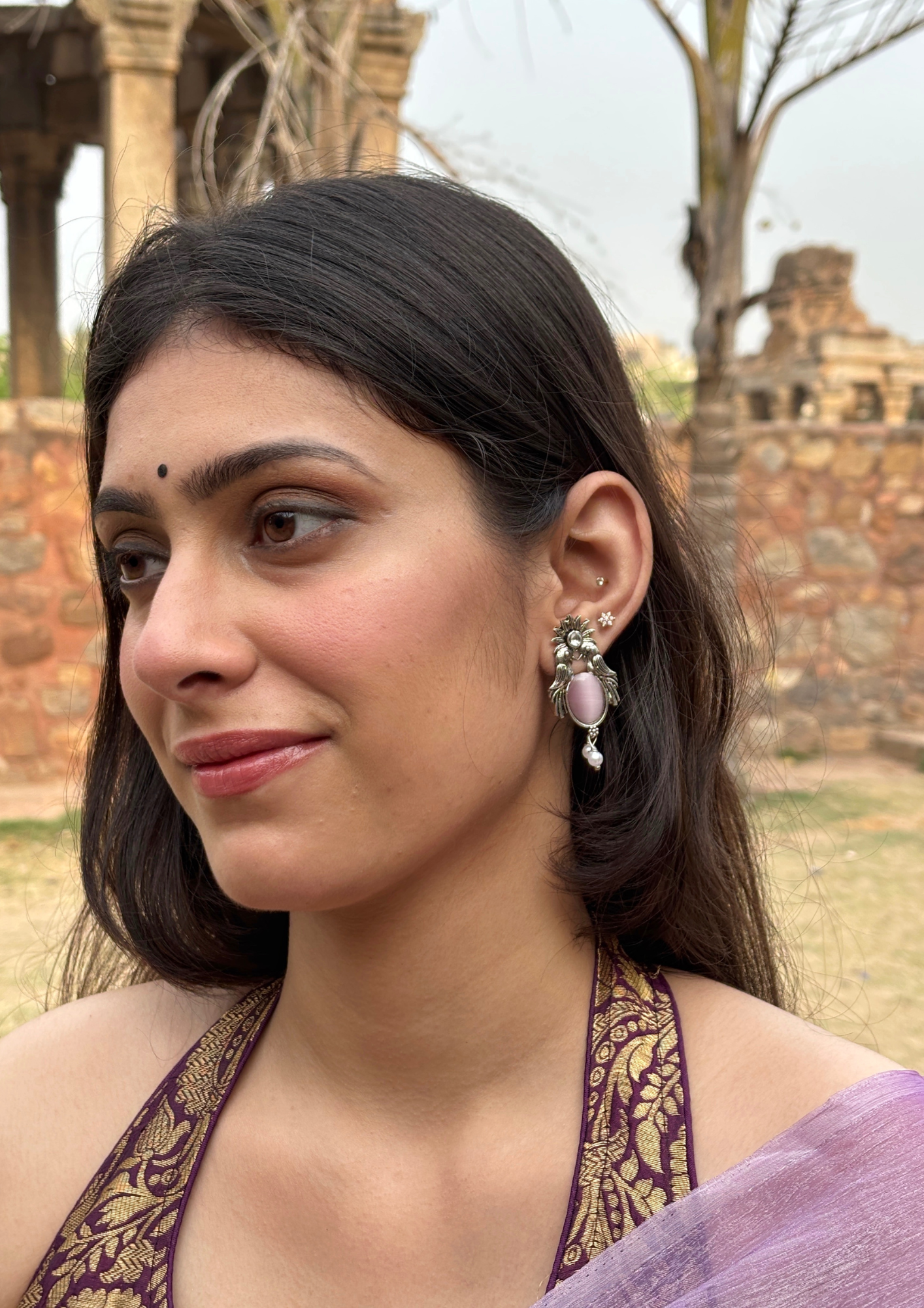 Malook Pink Bird with Sun Design Earrings