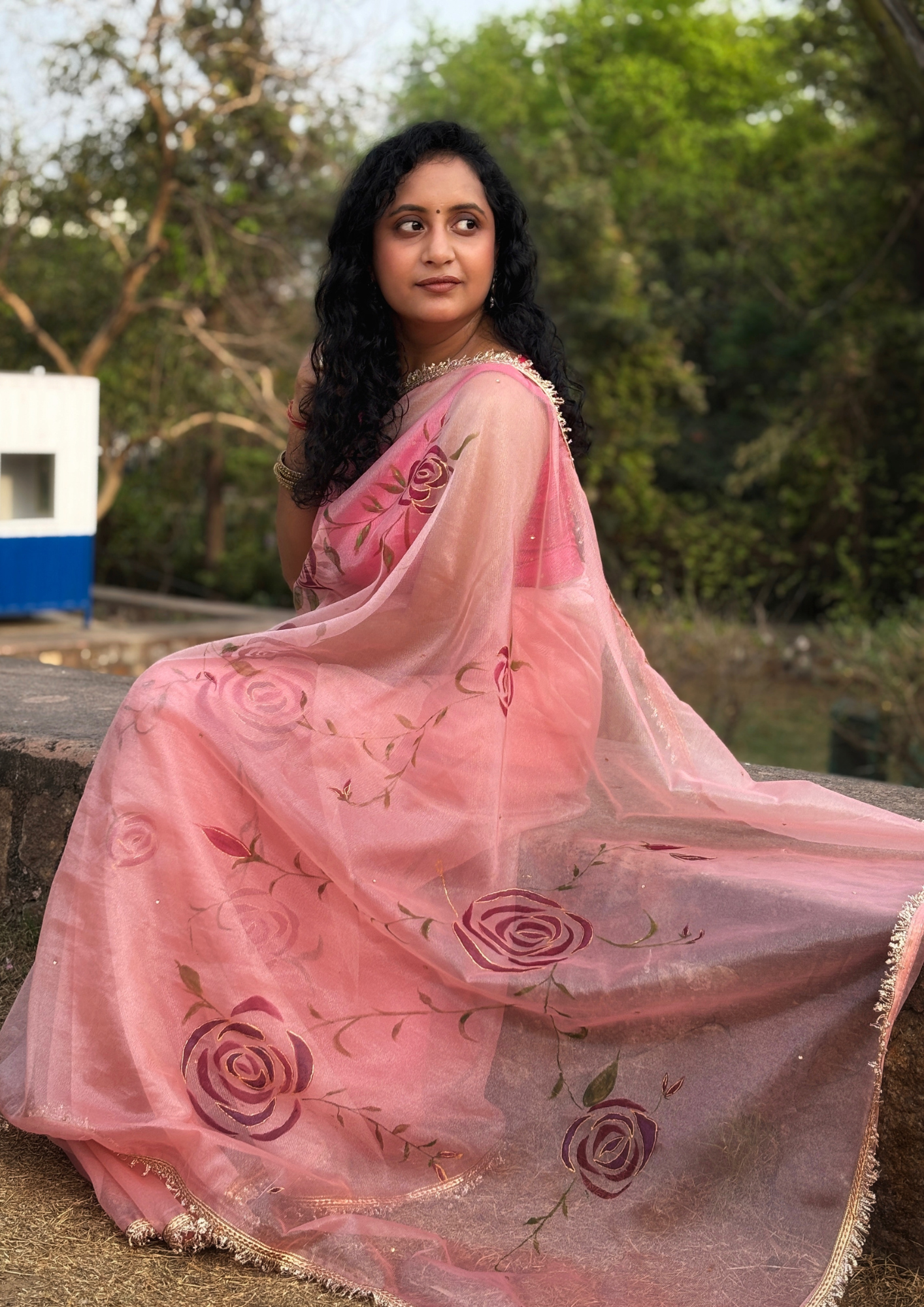 Malook Peach Shining Nylon net Hand-Painted saree with Red Rose Motifs