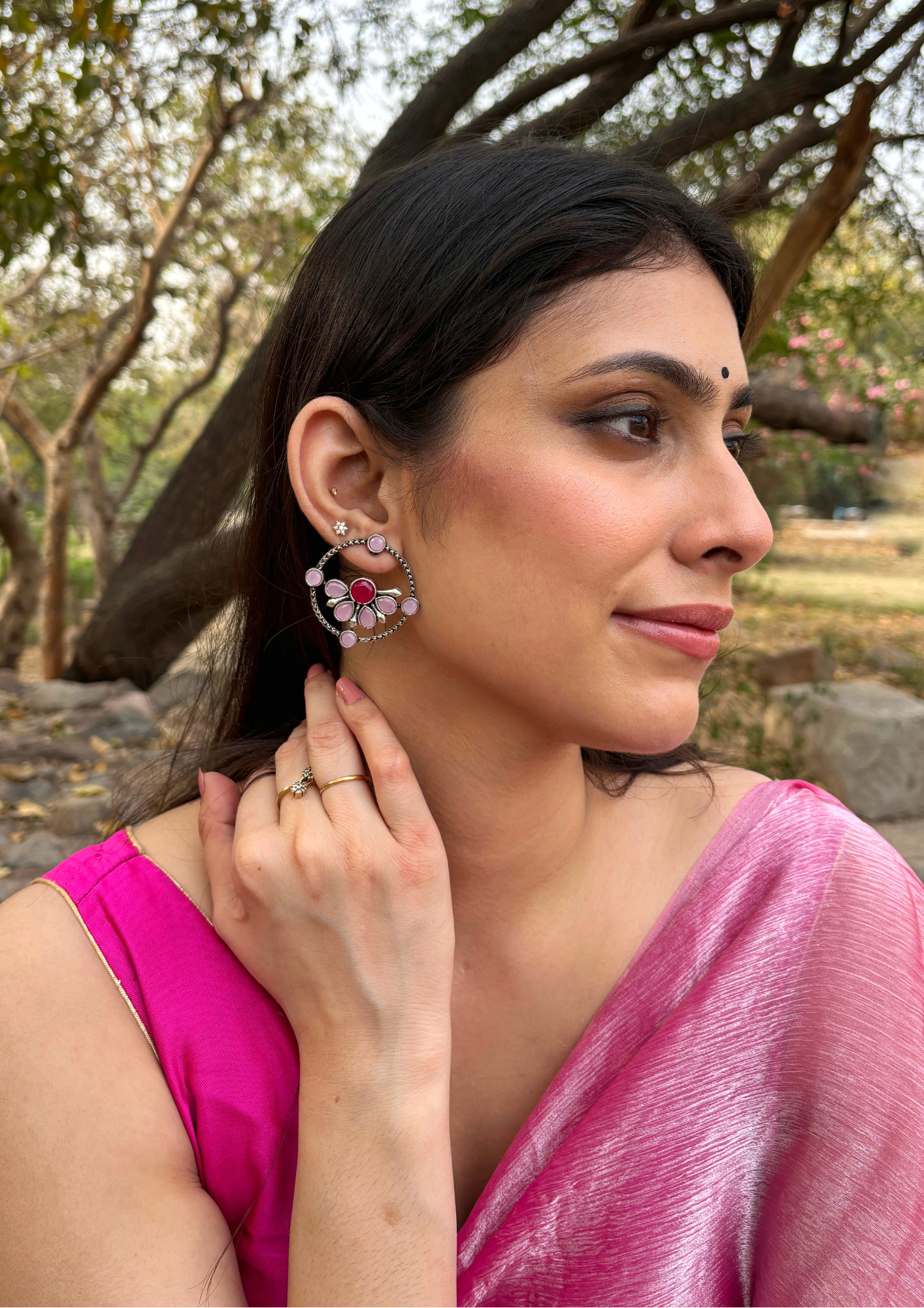 Malook Matt Pink dual tone AD stone stud Earrings