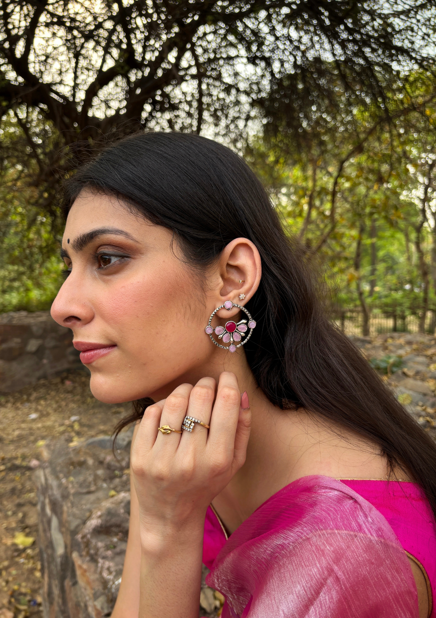Malook Matt Pink dual tone AD stone stud Earrings