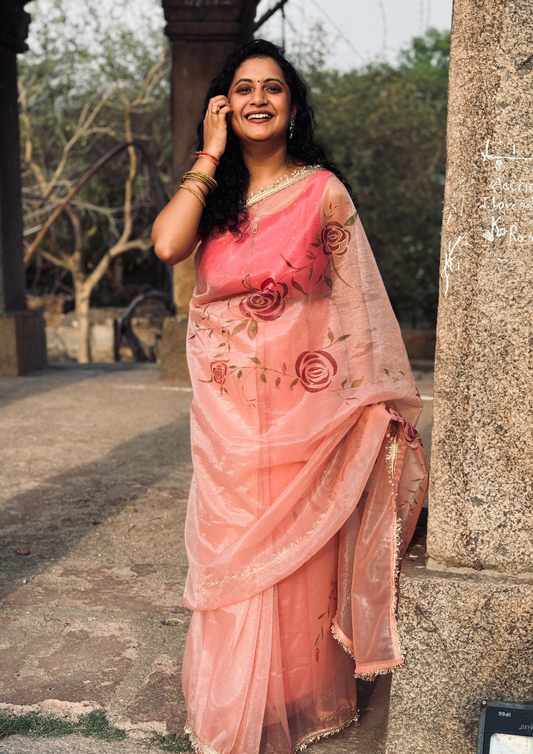 Malook Peach Shining Nylon net Hand-Painted saree with Red Rose Motifs