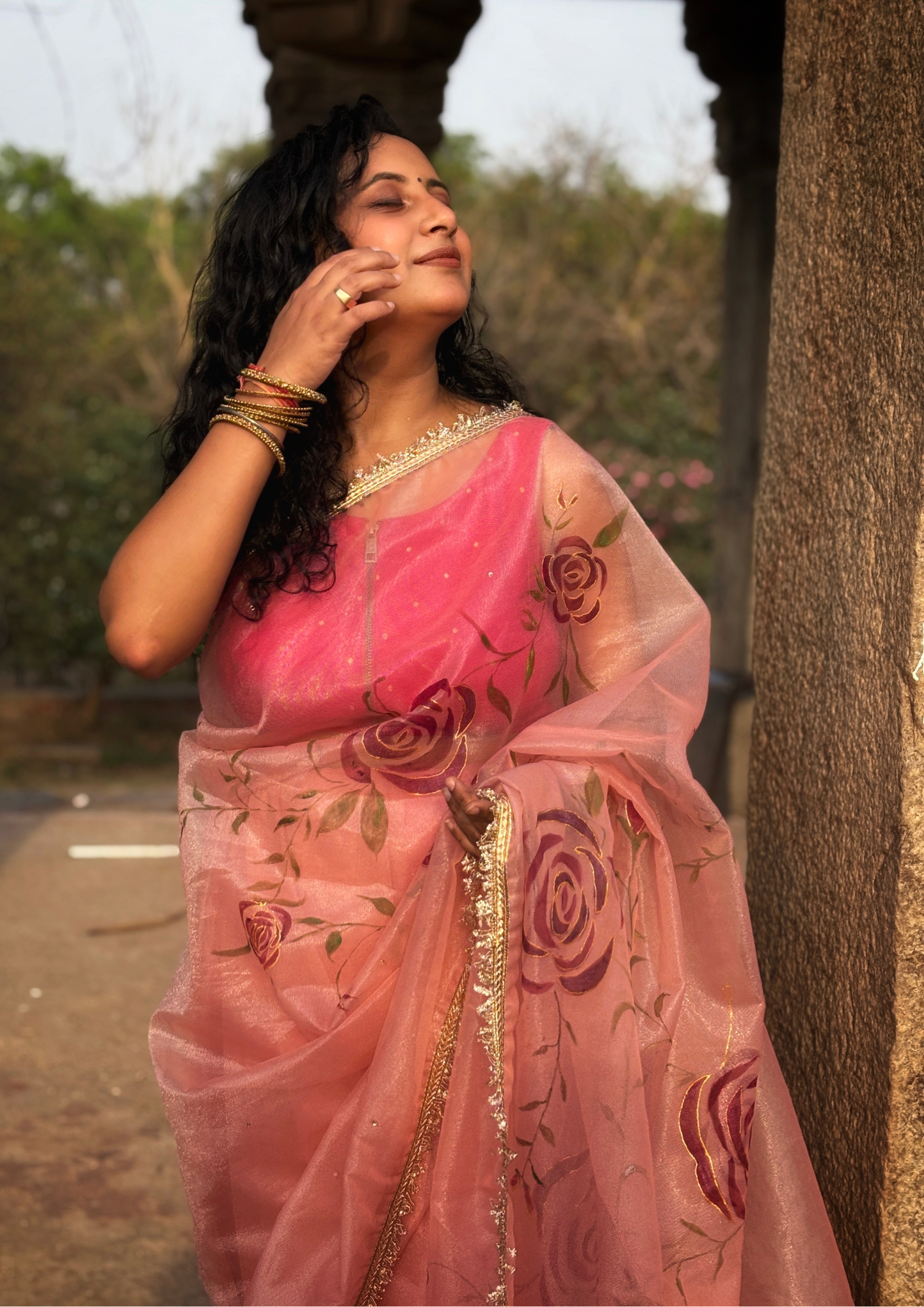 Malook Peach Shining Nylon net Hand-Painted saree with Red Rose Motifs
