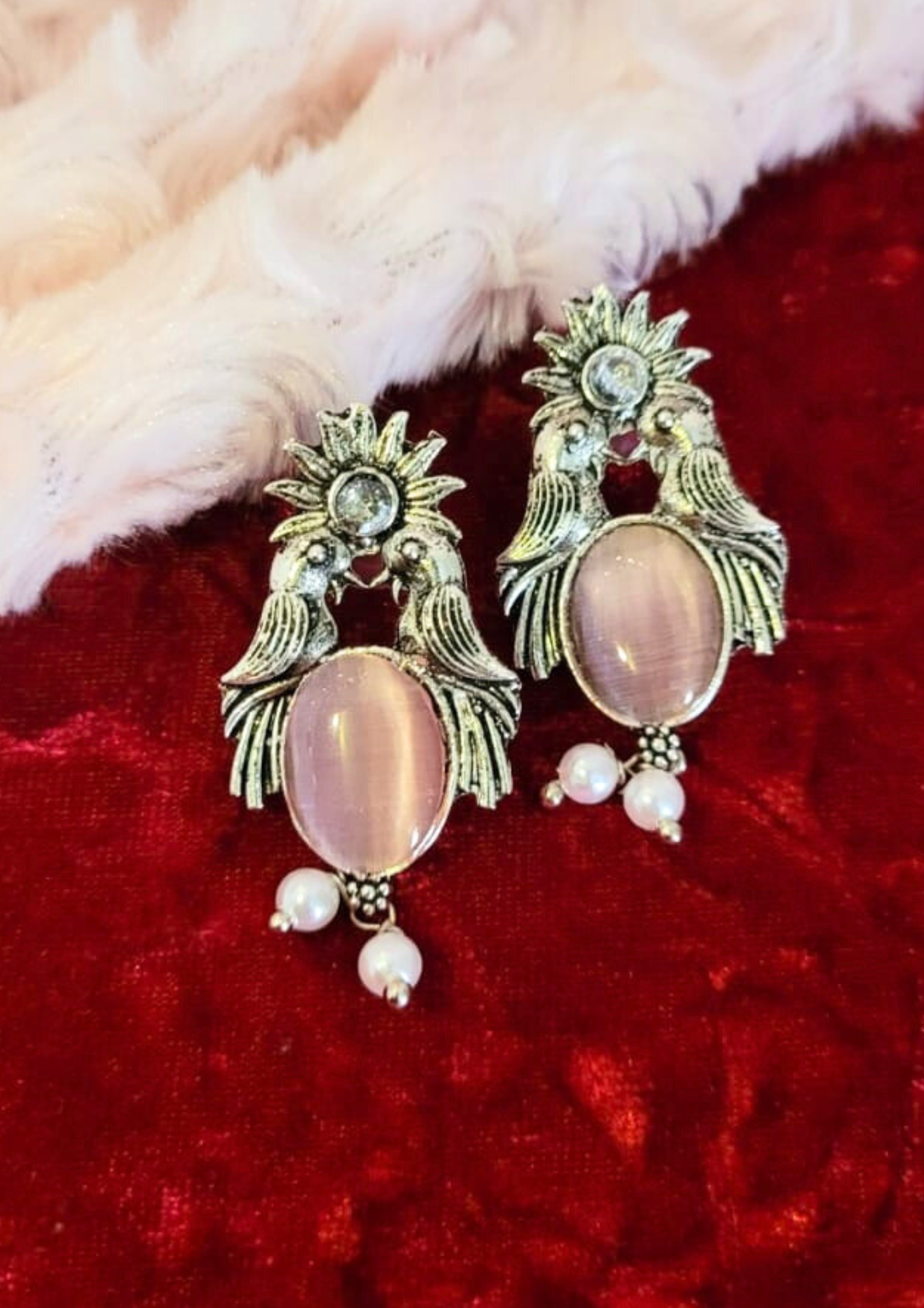 Malook Pink Bird with Sun Design Earrings