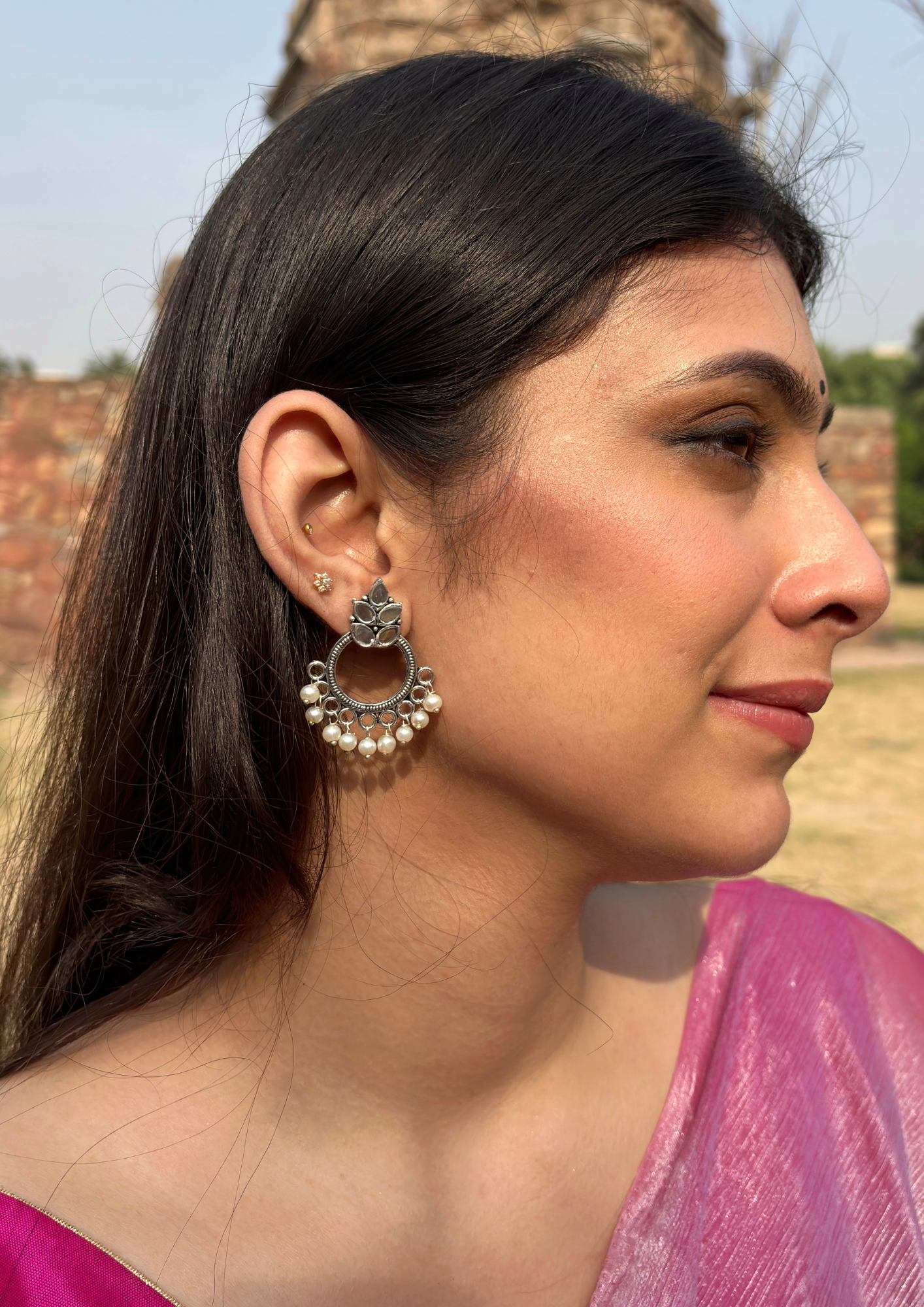 Malook Mirror work oxidised pearl earring