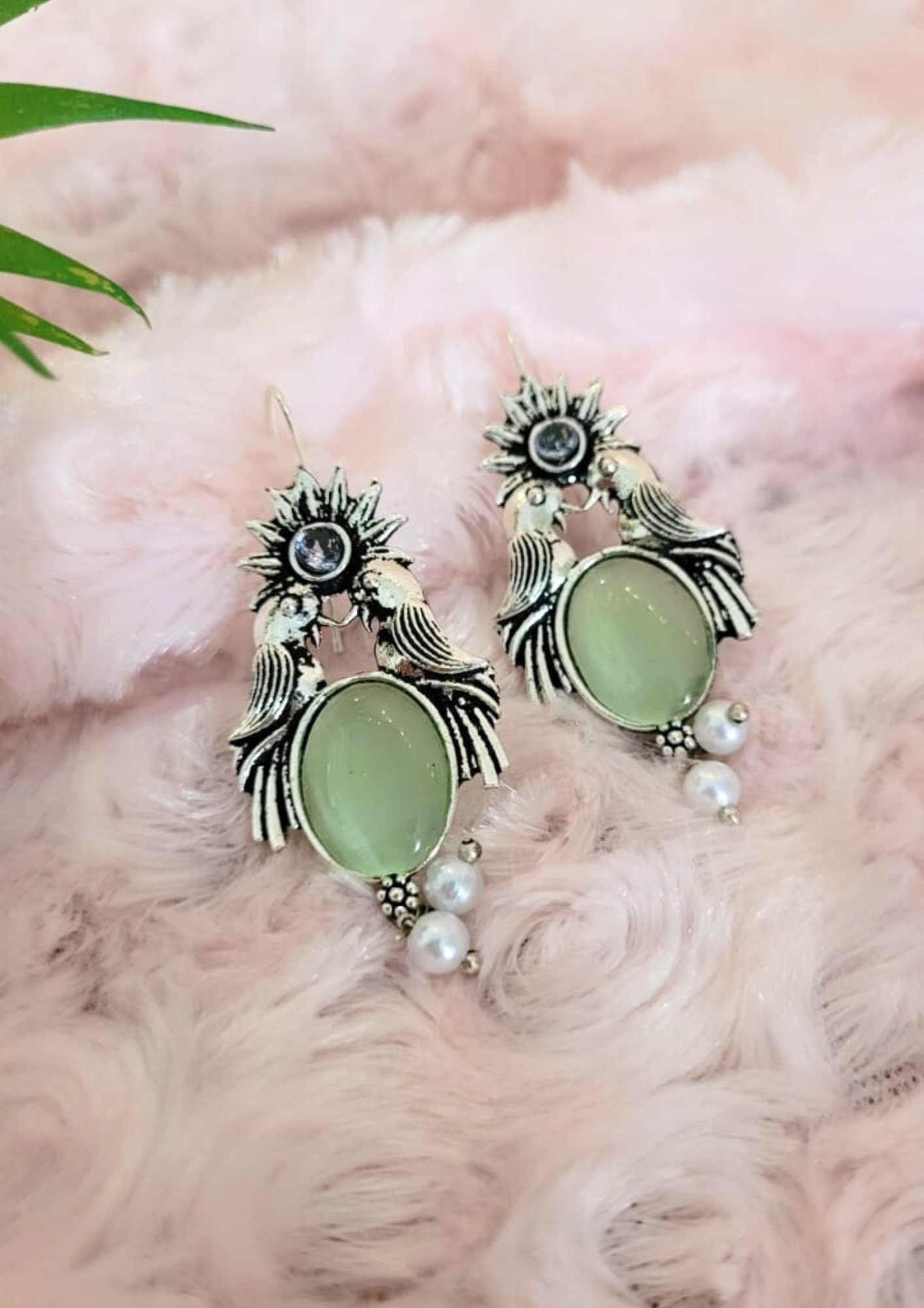 Malook Mint Green Bird with Sun Design Earrings