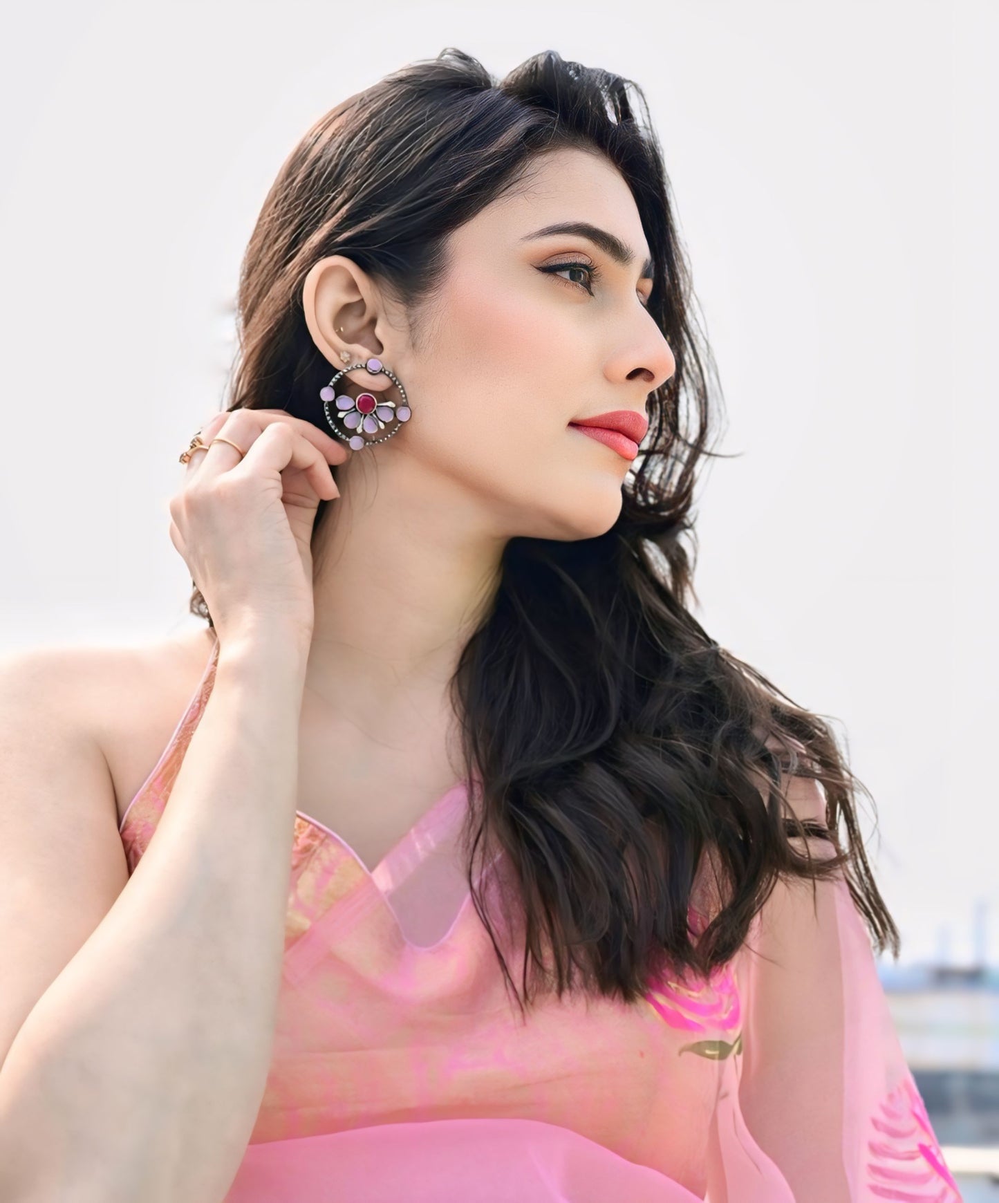Malook Matt Pink dual tone AD stone stud Earrings