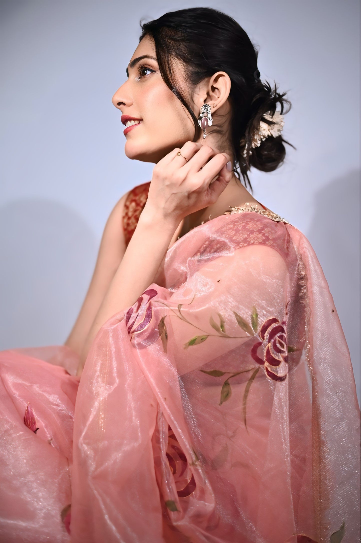 Malook Peach Shining Nylon net Hand-Painted saree with Red Rose Motifs