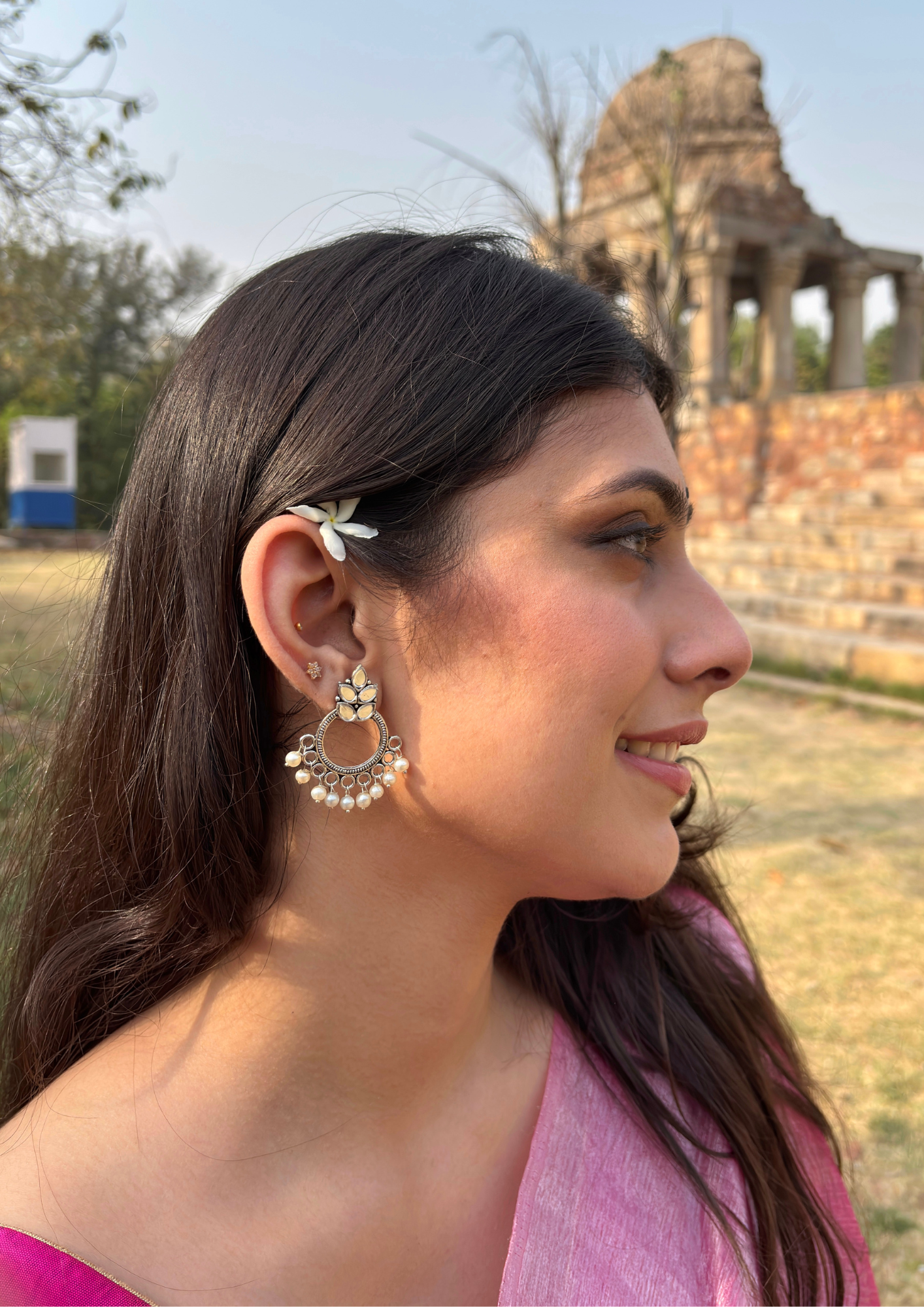 Malook Mirror work oxidised pearl earring