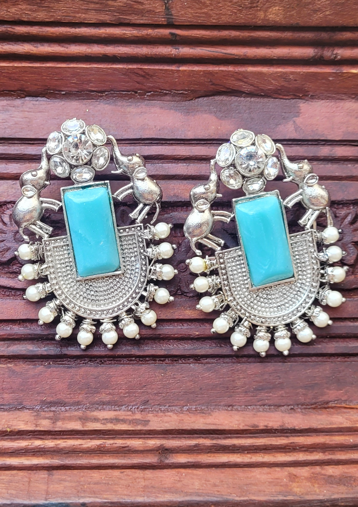 Malook Mint Blue Elephant Silver Earring