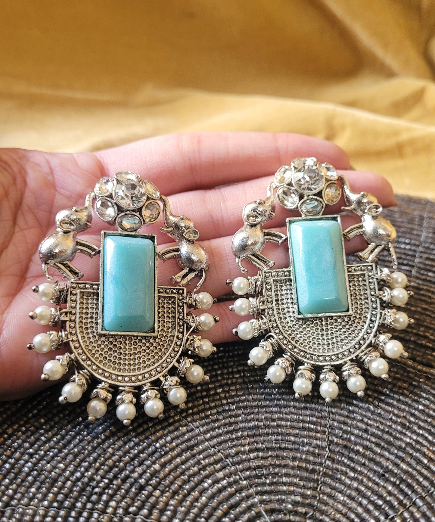 Malook Mint Blue Elephant Silver Earring