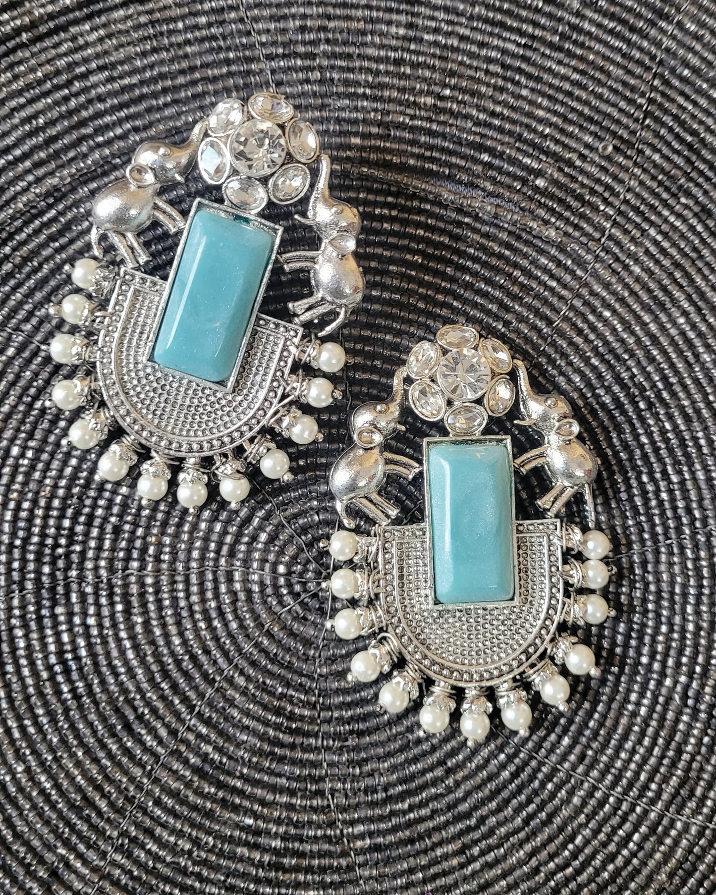Malook Mint Blue Elephant Silver Earring