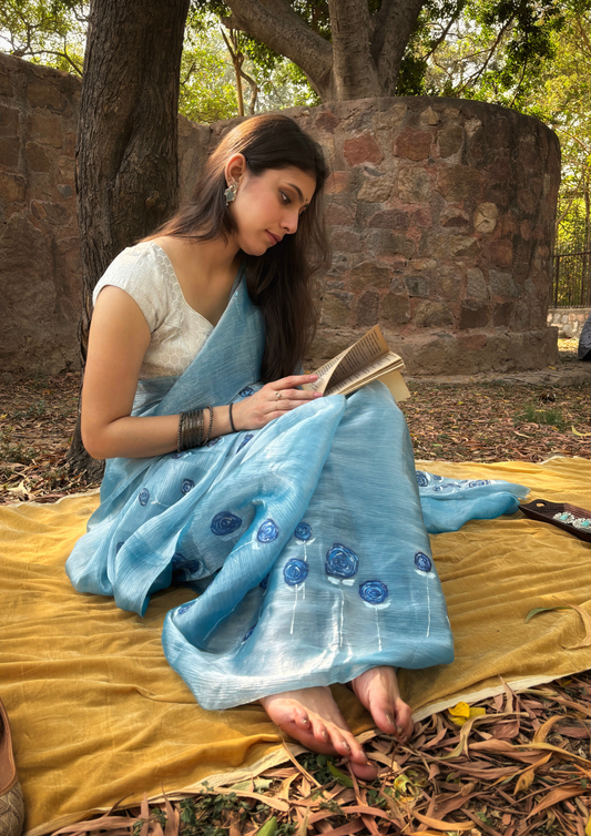Malook Blue Shiny Crepe Hand-painted Saree