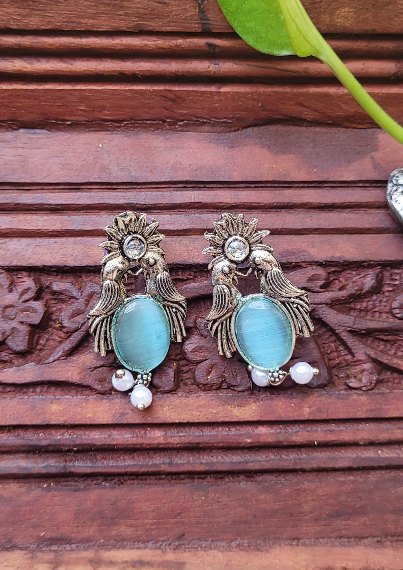 Malook Sky Blue Bird with Sun Design Earrings