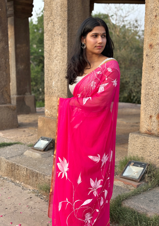 Malook Magenta Chiffon saree with Hand-Painted white florals 
