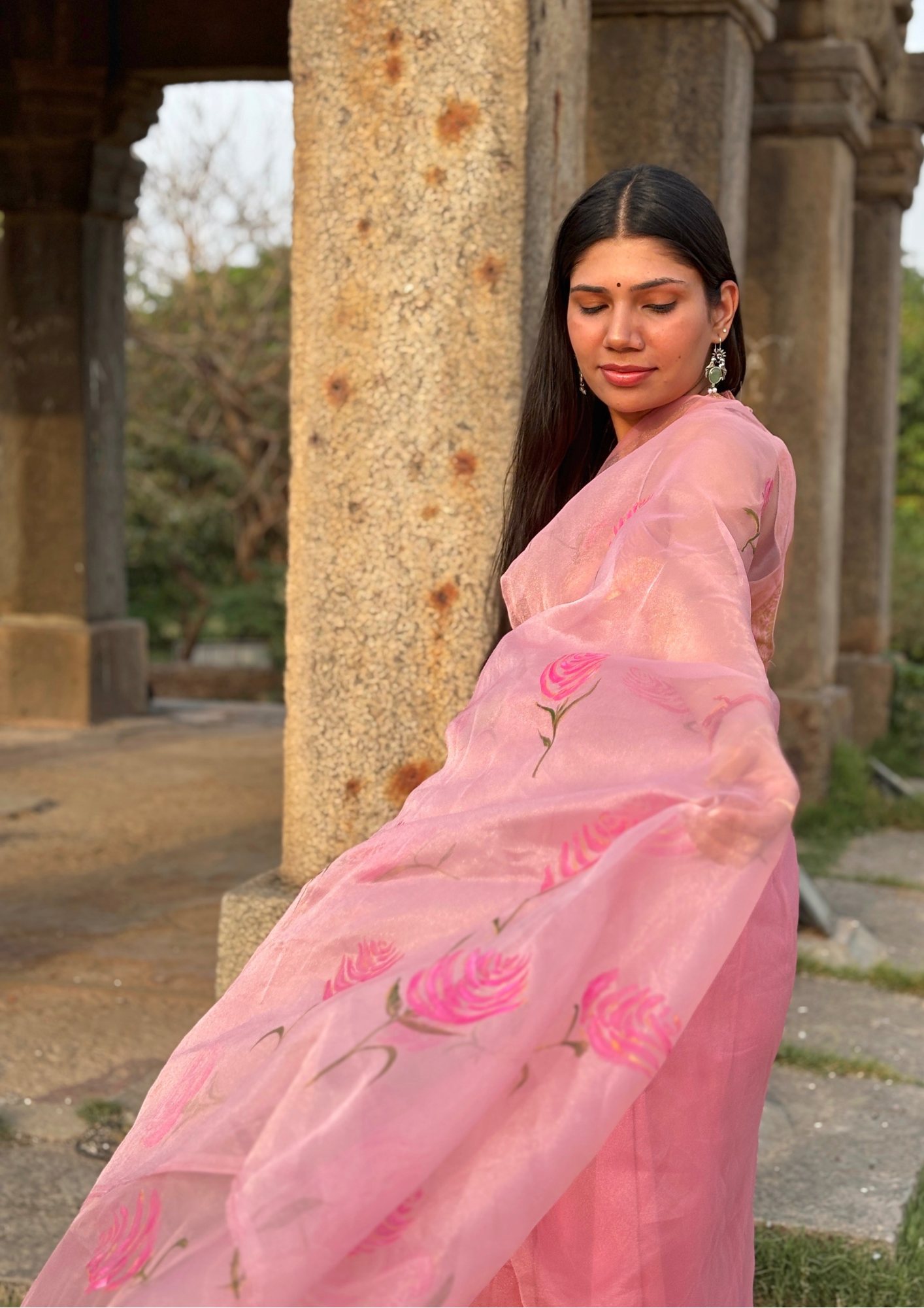 Malook Blush Pink Organza Hand-Painted saree with Rose motifs
