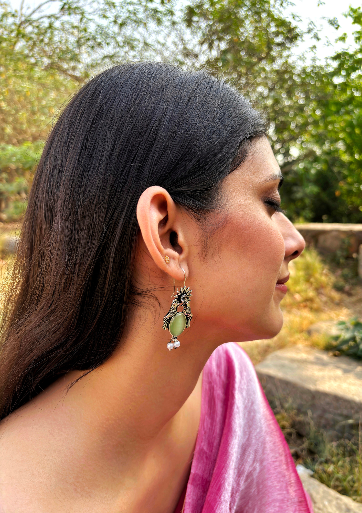 Malook Mint Green Bird with Sun Design Earrings