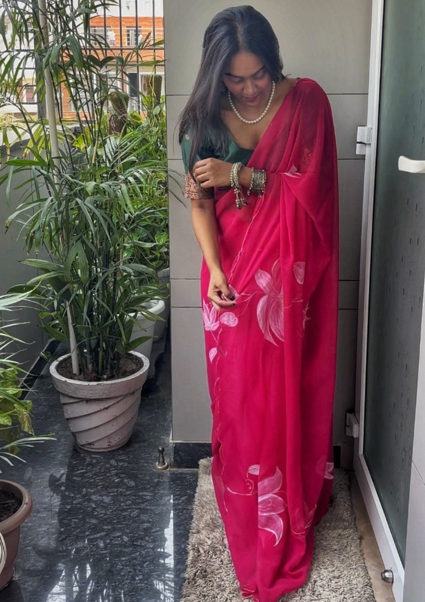 Malook Hot Pink Georgette Hand-Painted saree