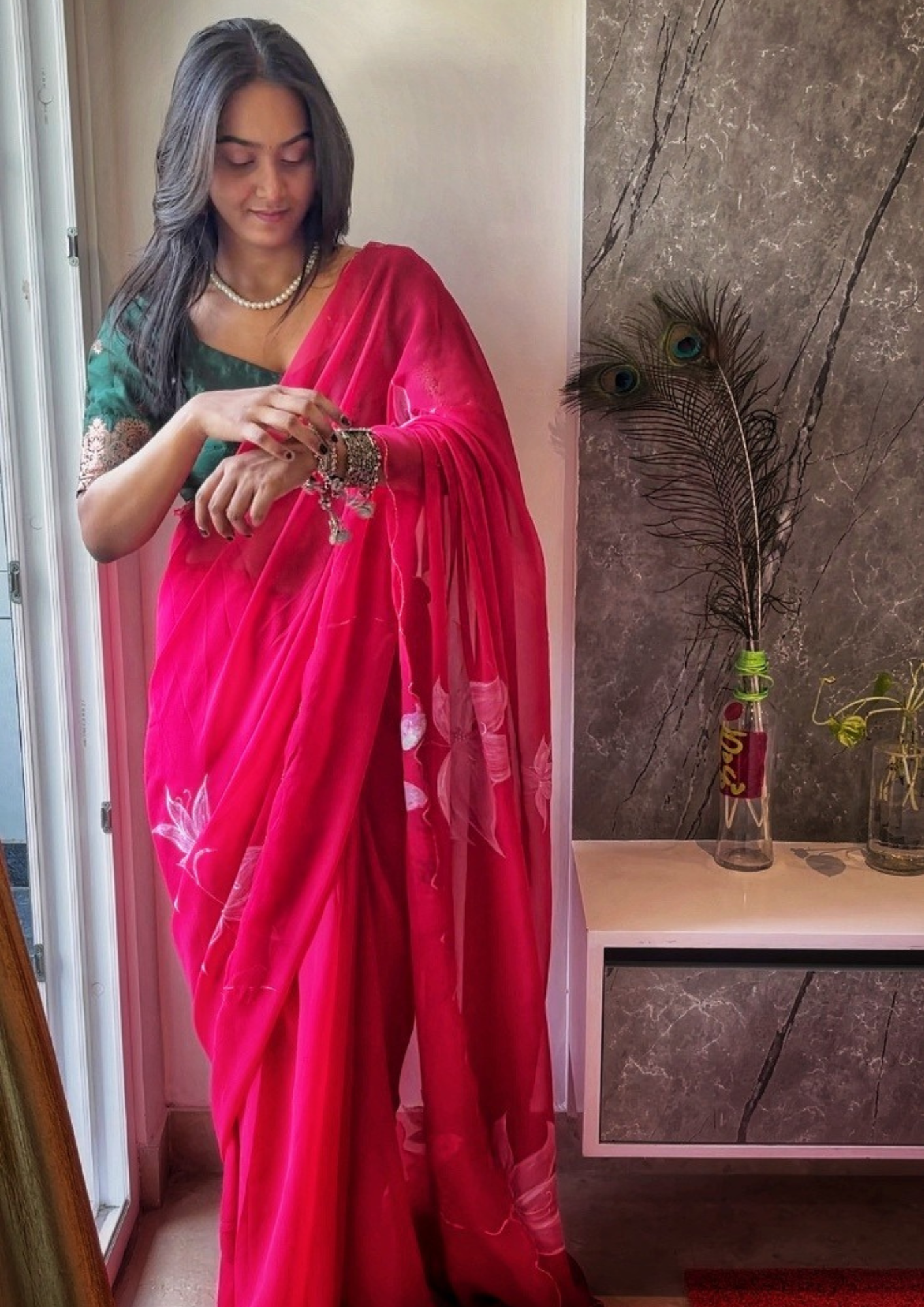 Malook Hot Pink Georgette Hand-Painted saree