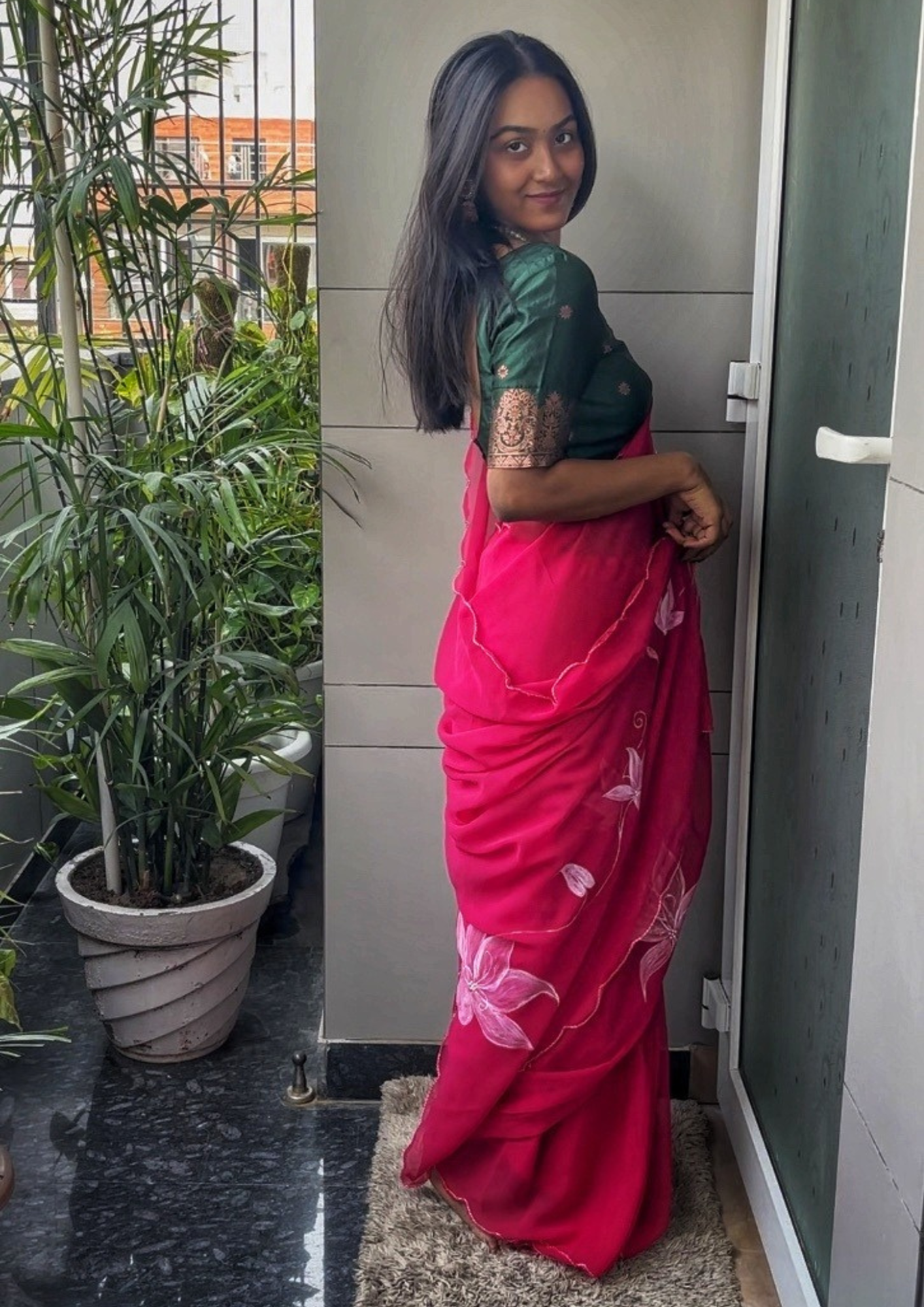 Malook Hot Pink Georgette Hand-Painted saree