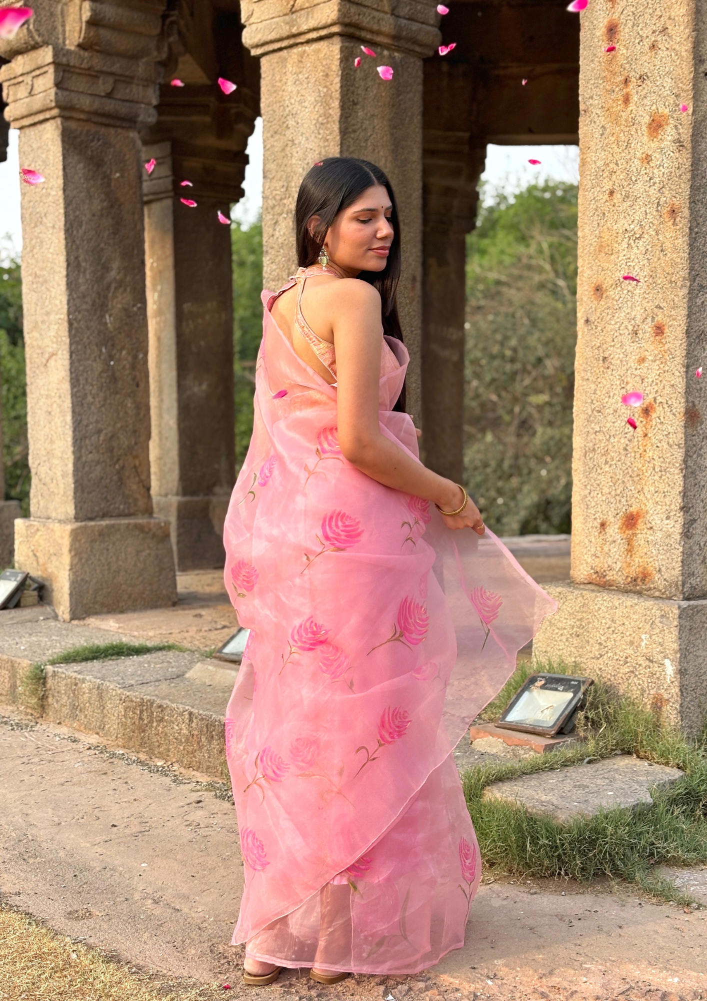 Malook Blush Pink Organza Hand-Painted saree with Rose motifs