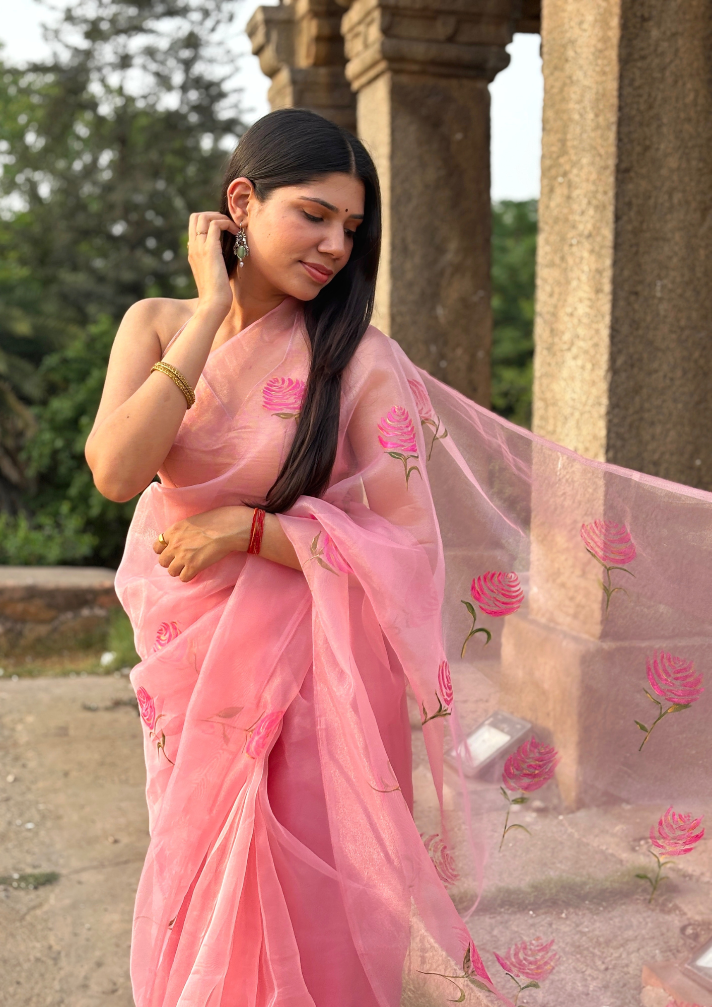 Malook Blush Pink Organza Hand-Painted saree with Rose motifs