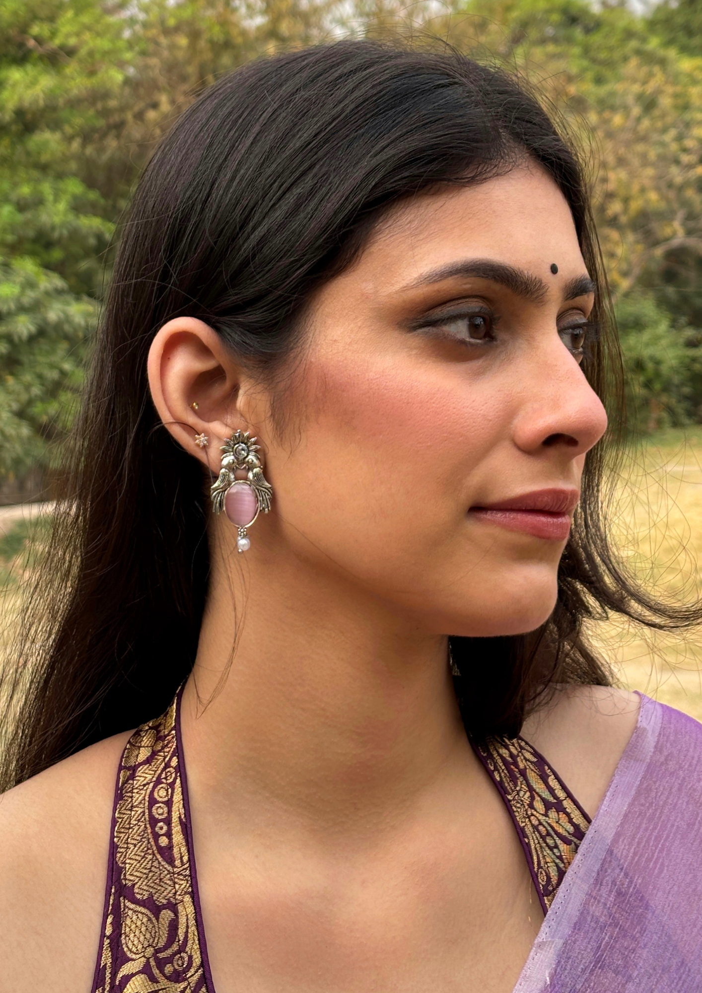 Malook Pink Bird with Sun Design Earrings