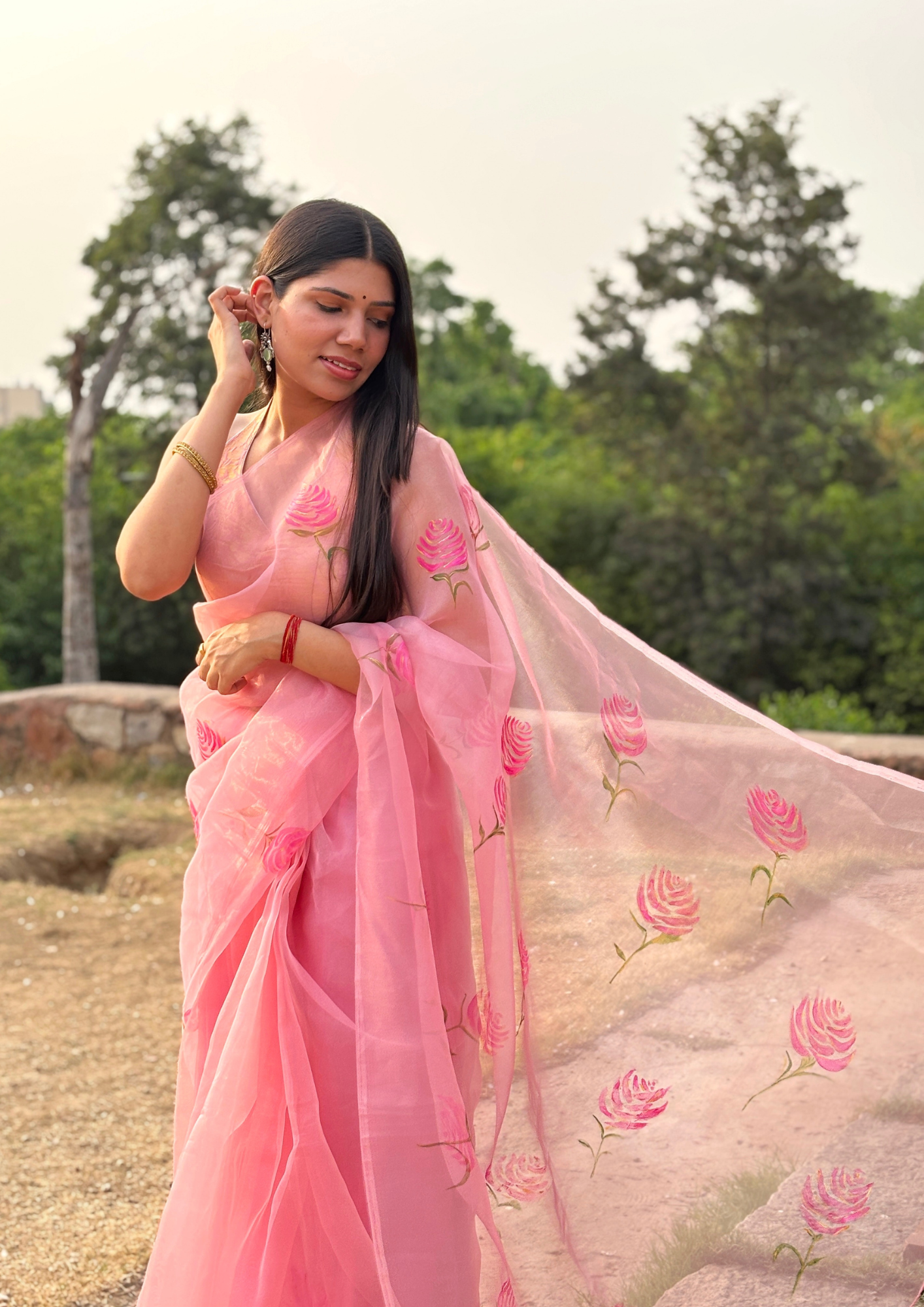 Malook Blush Pink Organza Hand-Painted saree with Rose motifs