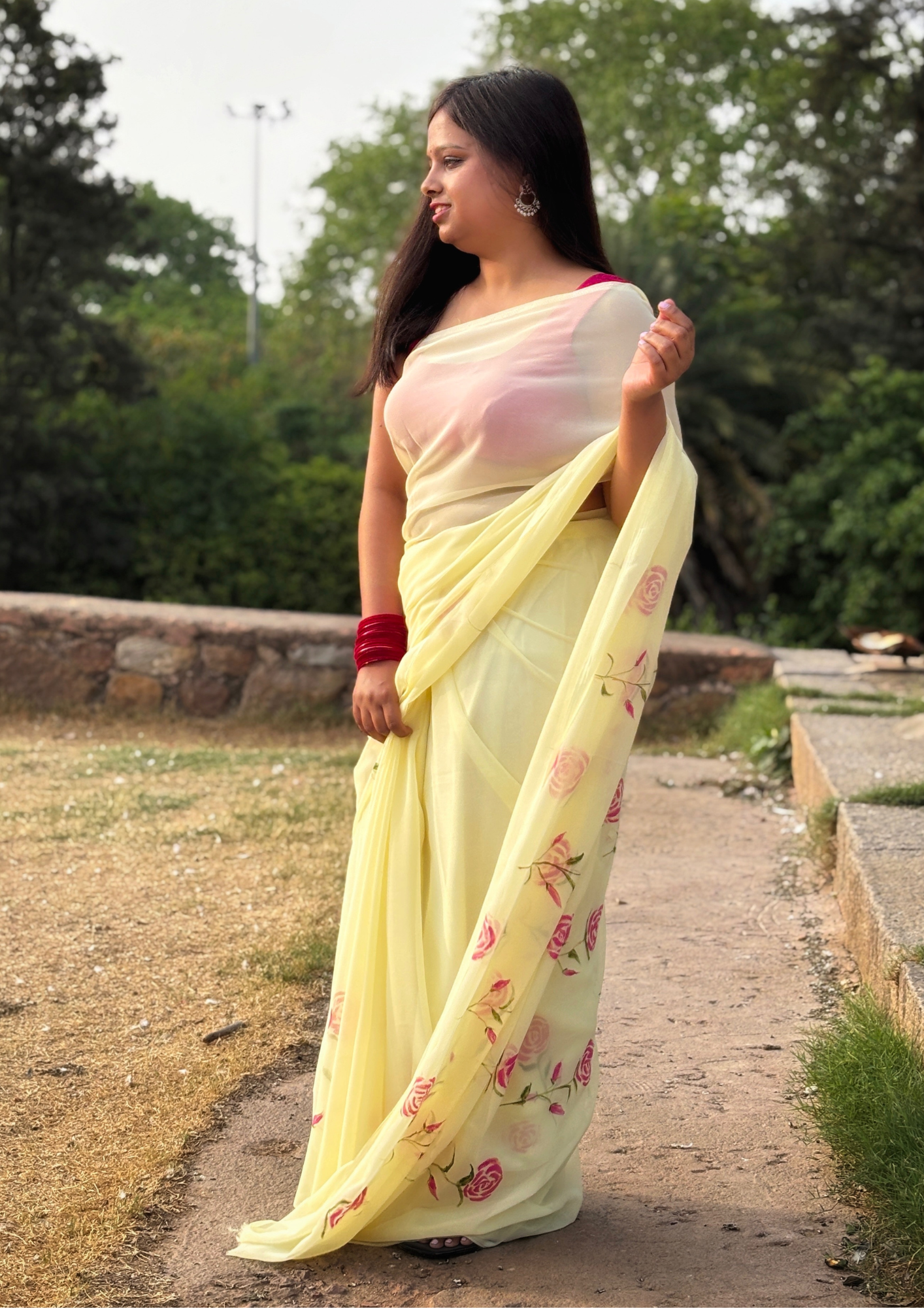 Malook Cream yellow saree with Pink Hand-Painted florals