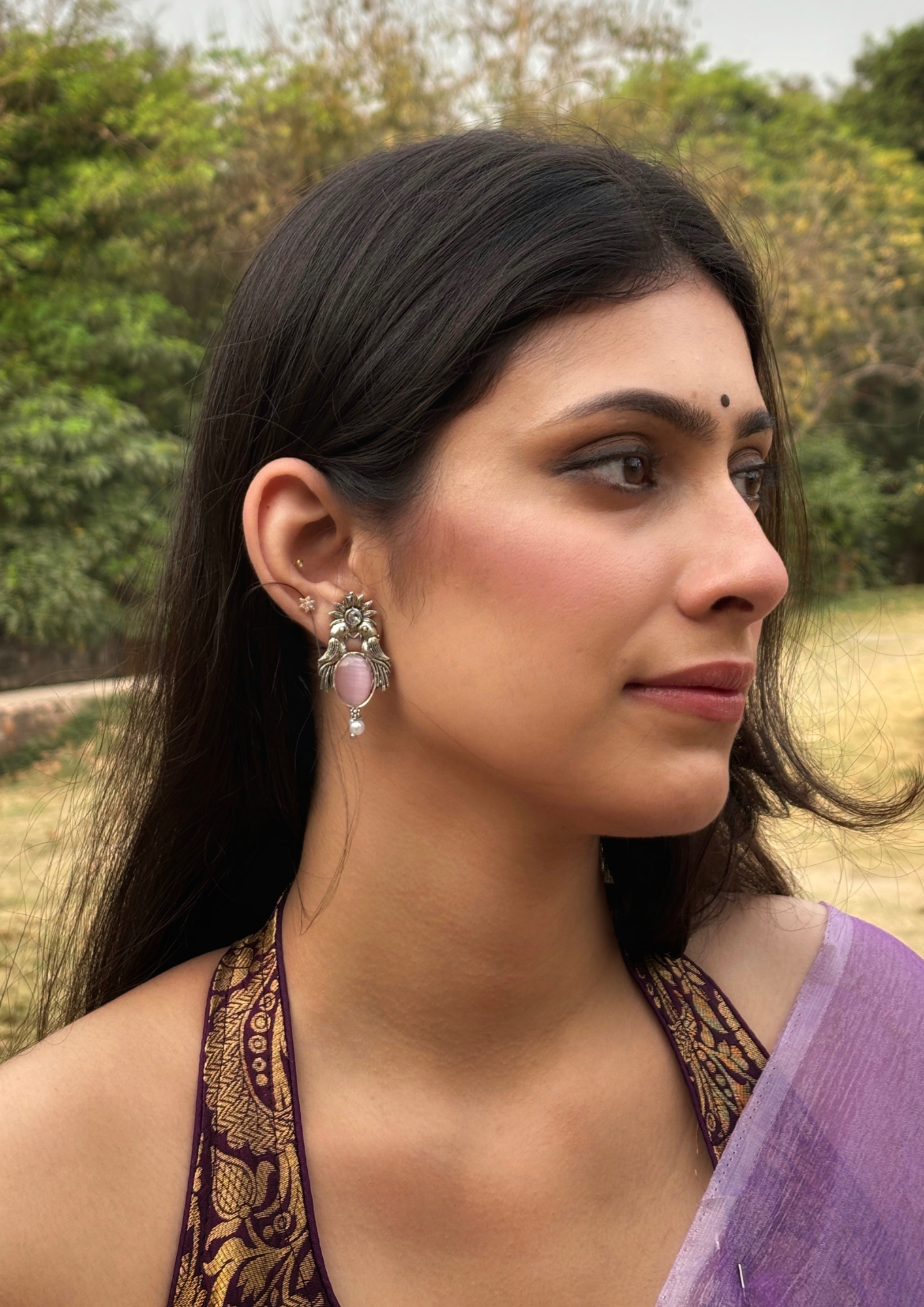 Malook Pink Bird with Sun Design Earrings