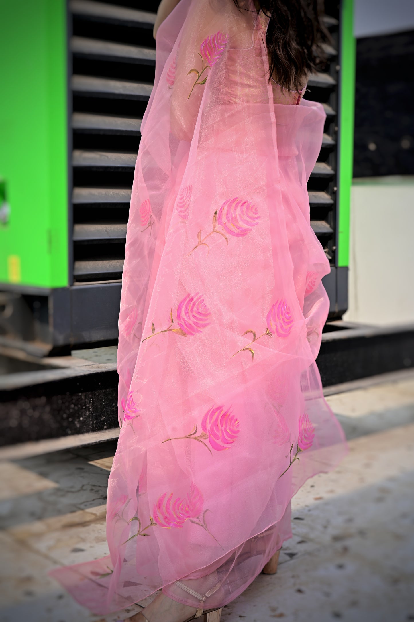 Malook Blush Pink Organza Hand-Painted saree with Rose motifs
