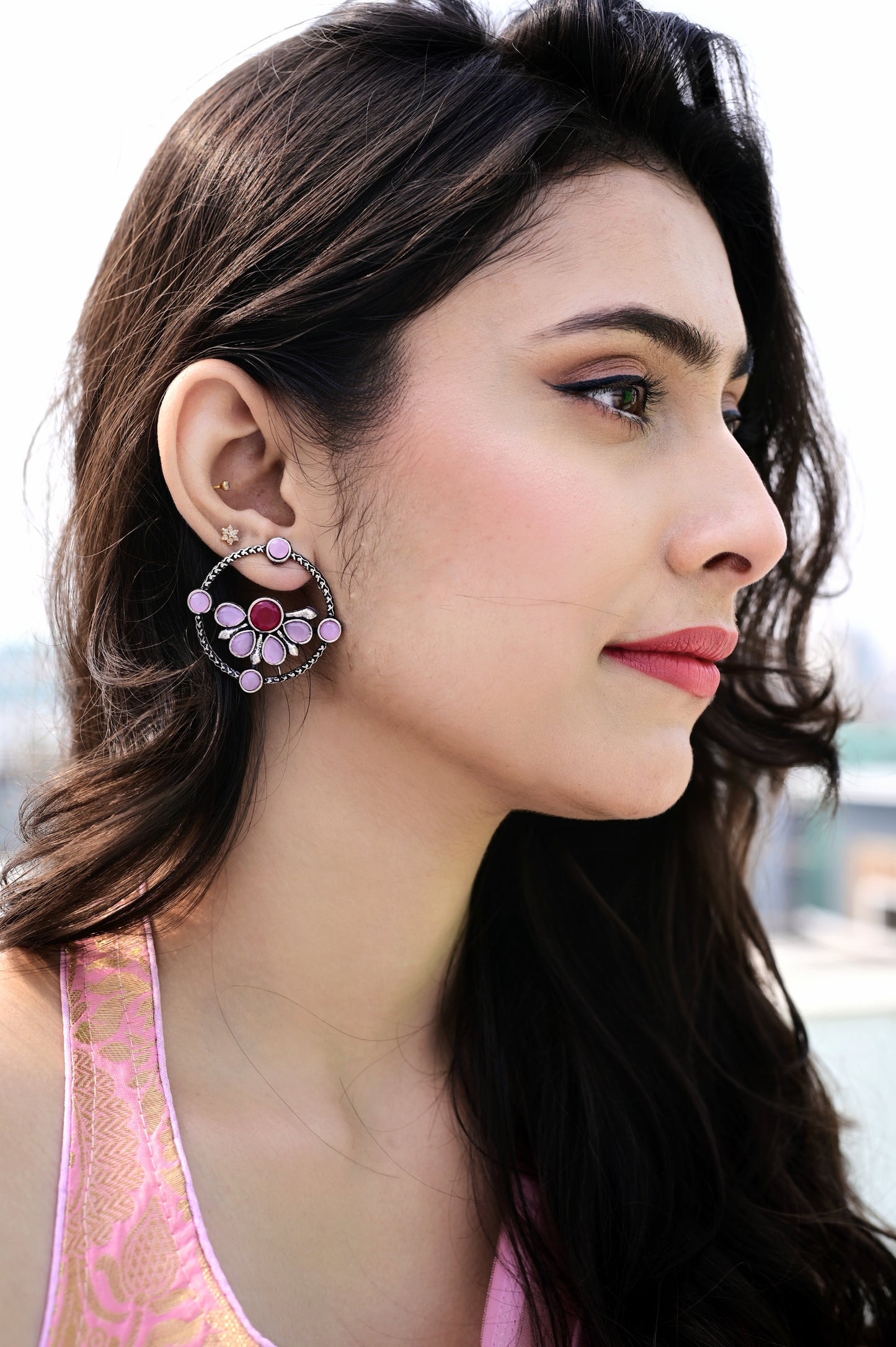 Malook Matt Pink dual tone AD stone stud Earrings